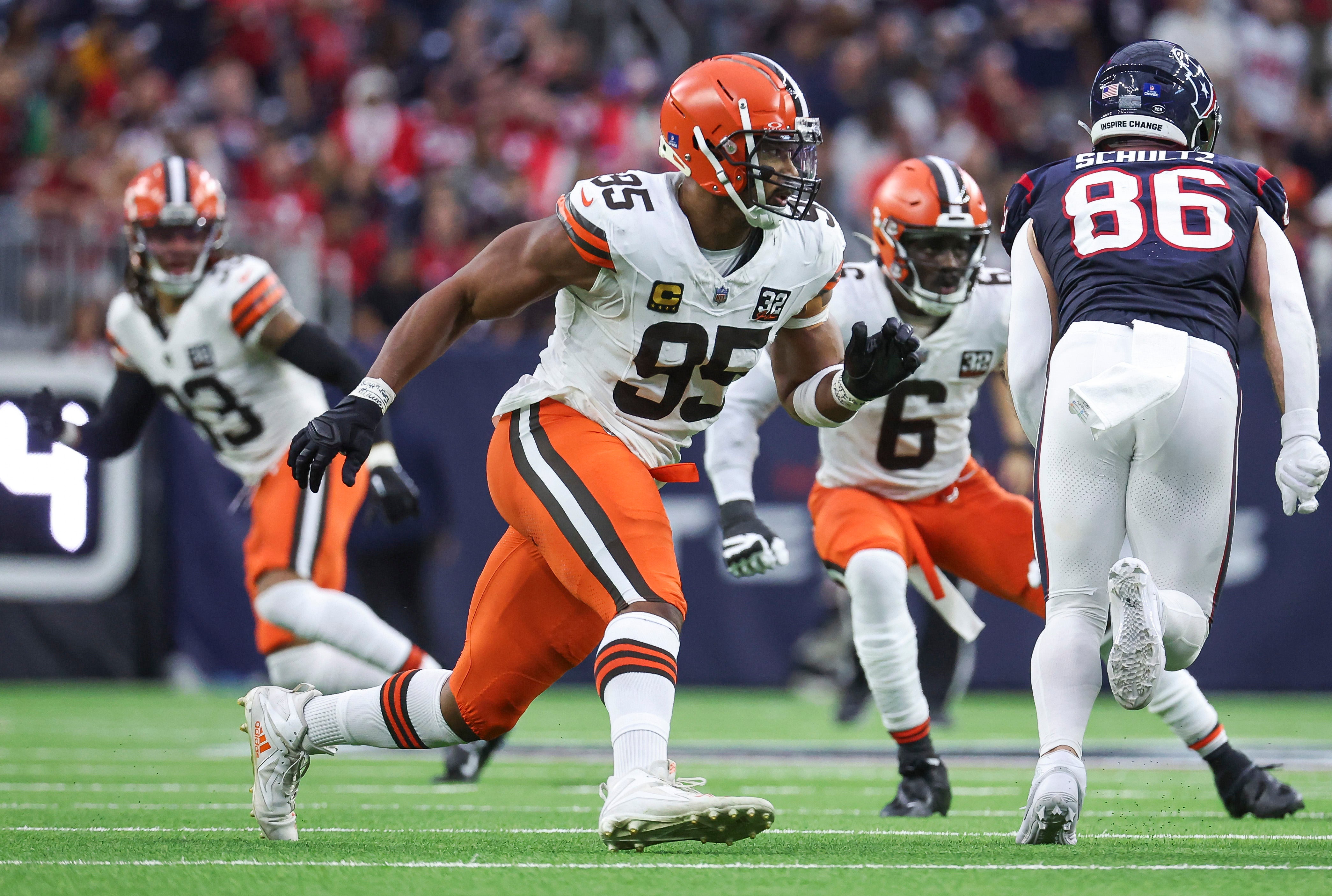 Dec 24, 2023; Houston, Texas, USA; Cleveland Browns defensive end Myles Garrett (95) in action during the game against the Houston Texans at NRG Stadium. Mandatory Credit: Troy Taormina-USA TODAY Sports