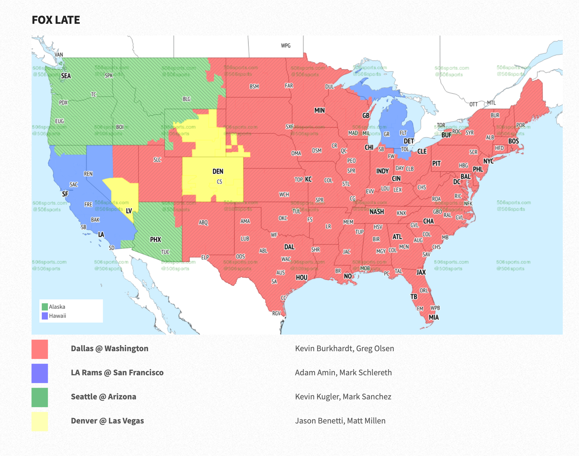 The Fox broadcast map for the Week 18 late slate.