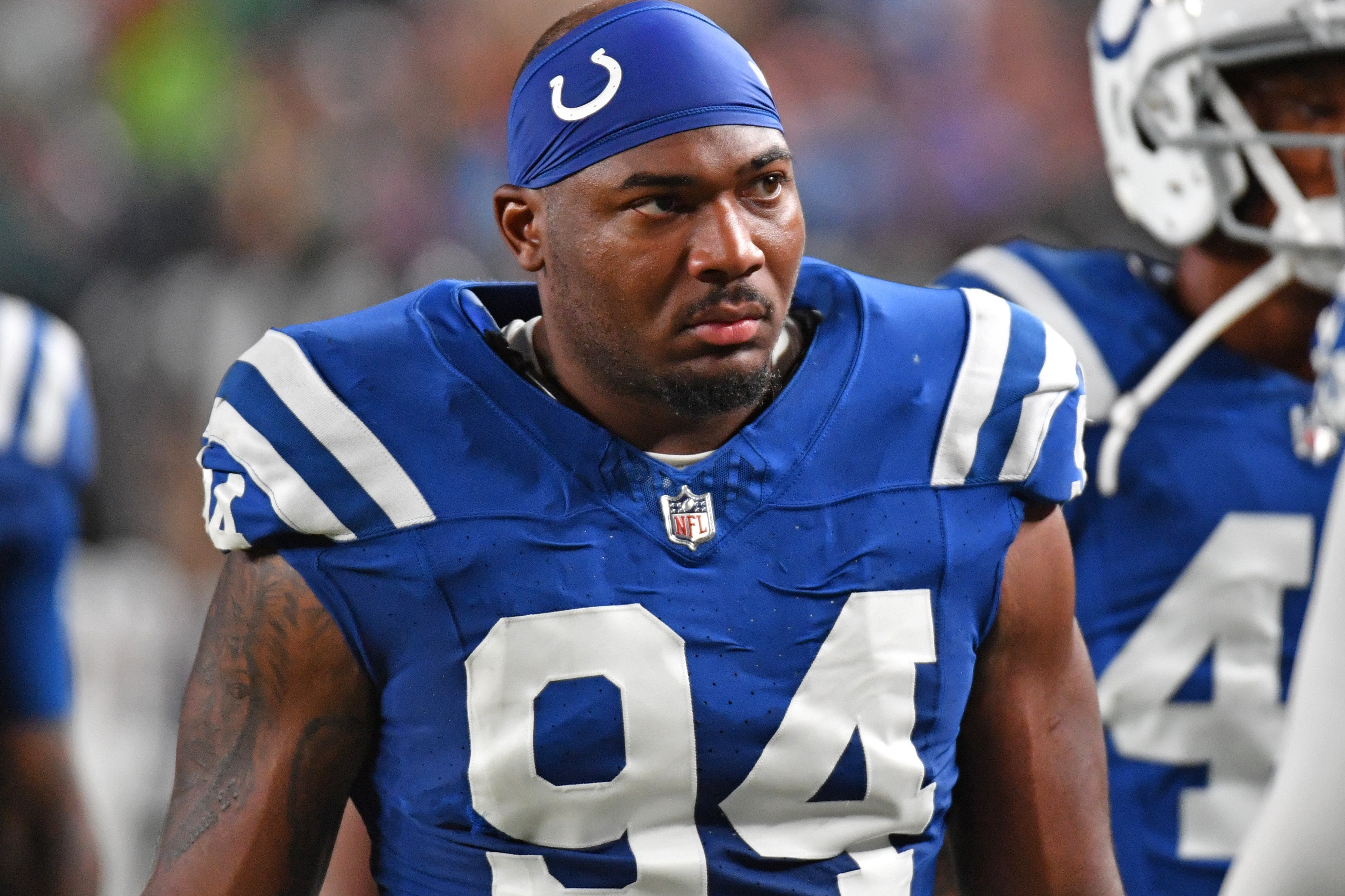 Aug 24, 2023; Philadelphia, Pennsylvania, USA; Indianapolis Colts defensive end Tyquan Lewis (94) against the Philadelphia Eagles at Lincoln Financial Field.