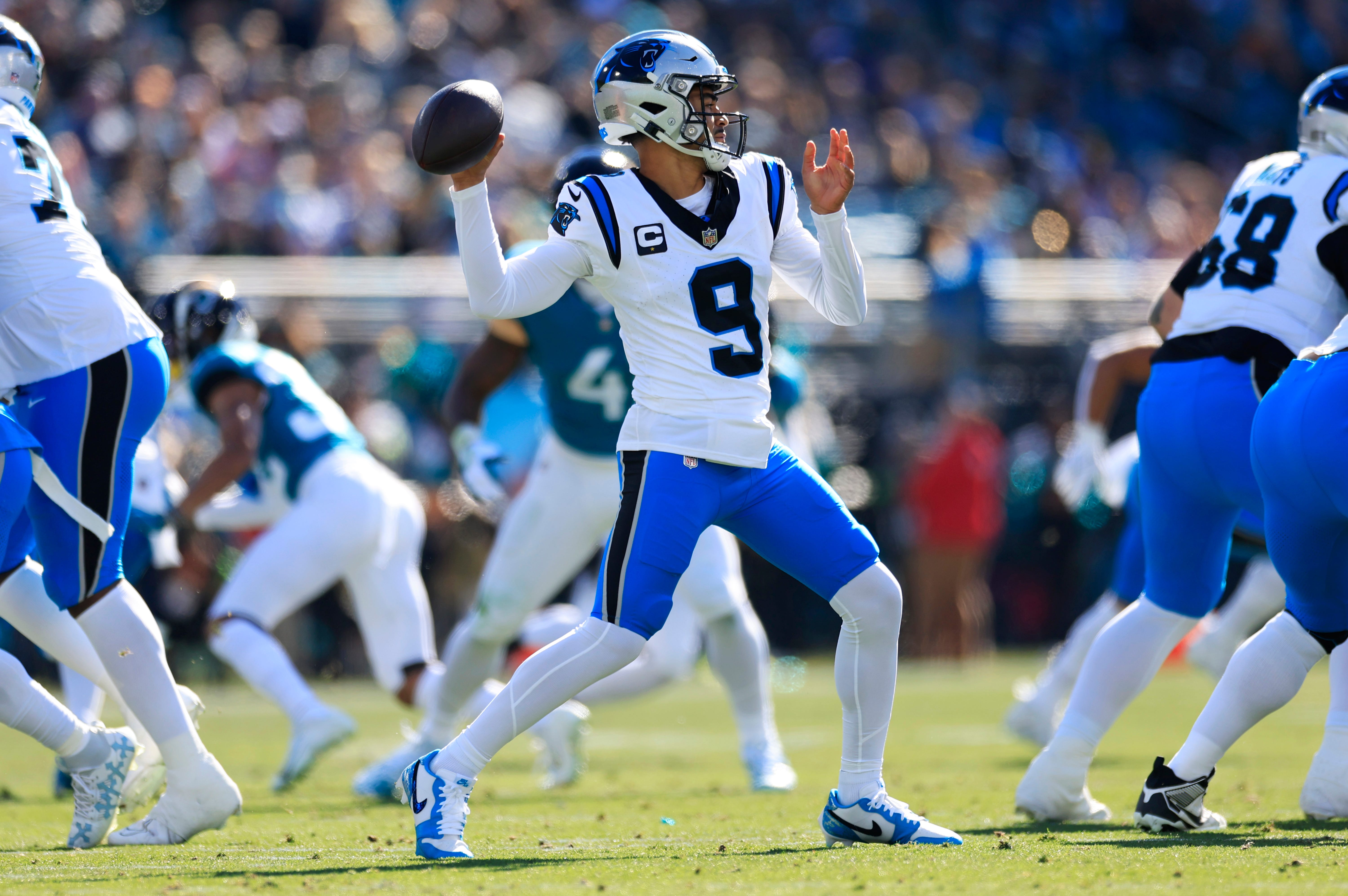 Carolina Panthers quarterback Bryce Young (9) throws the ball during the first quarter of a regular season NFL football matchup Sunday, Dec. 31, 2023 at EverBank Stadium in Jacksonville, Fla. The Jacksonville Jaguars blanked the Carolina Panthers 26-0. [Corey Perrine/Florida Times-Union]