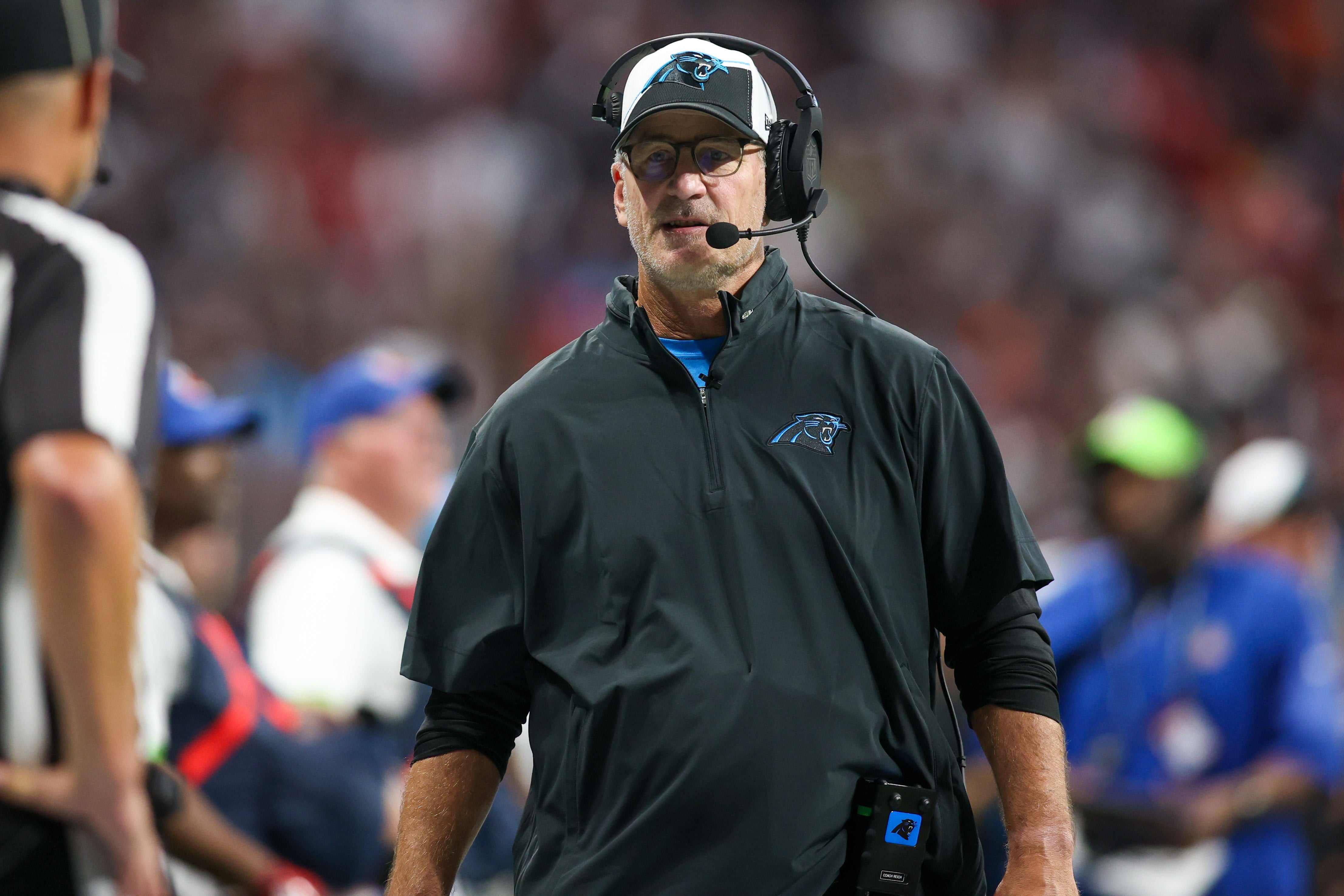 Sep 10, 2023; Atlanta, Georgia, USA; Carolina Panthers head coach Frank Reich on the sidelines against the Atlanta Falcons in the second half at Mercedes-Benz Stadium.