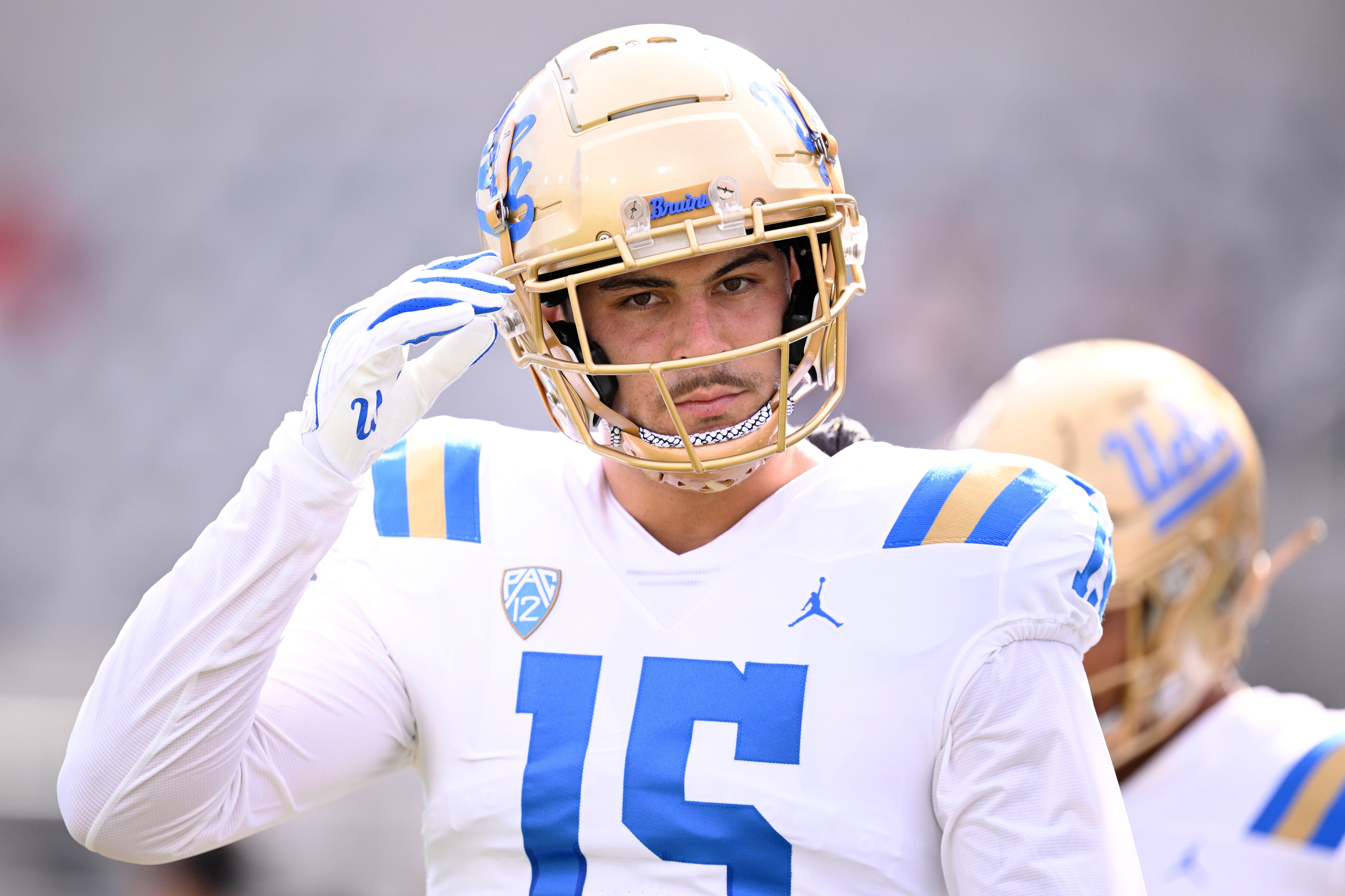 Sep 9, 2023; San Diego, California, USA; UCLA Bruins defensive lineman Laiatu Latu (15) looks on before the game against the San Diego State Aztecs at Snapdragon Stadium.