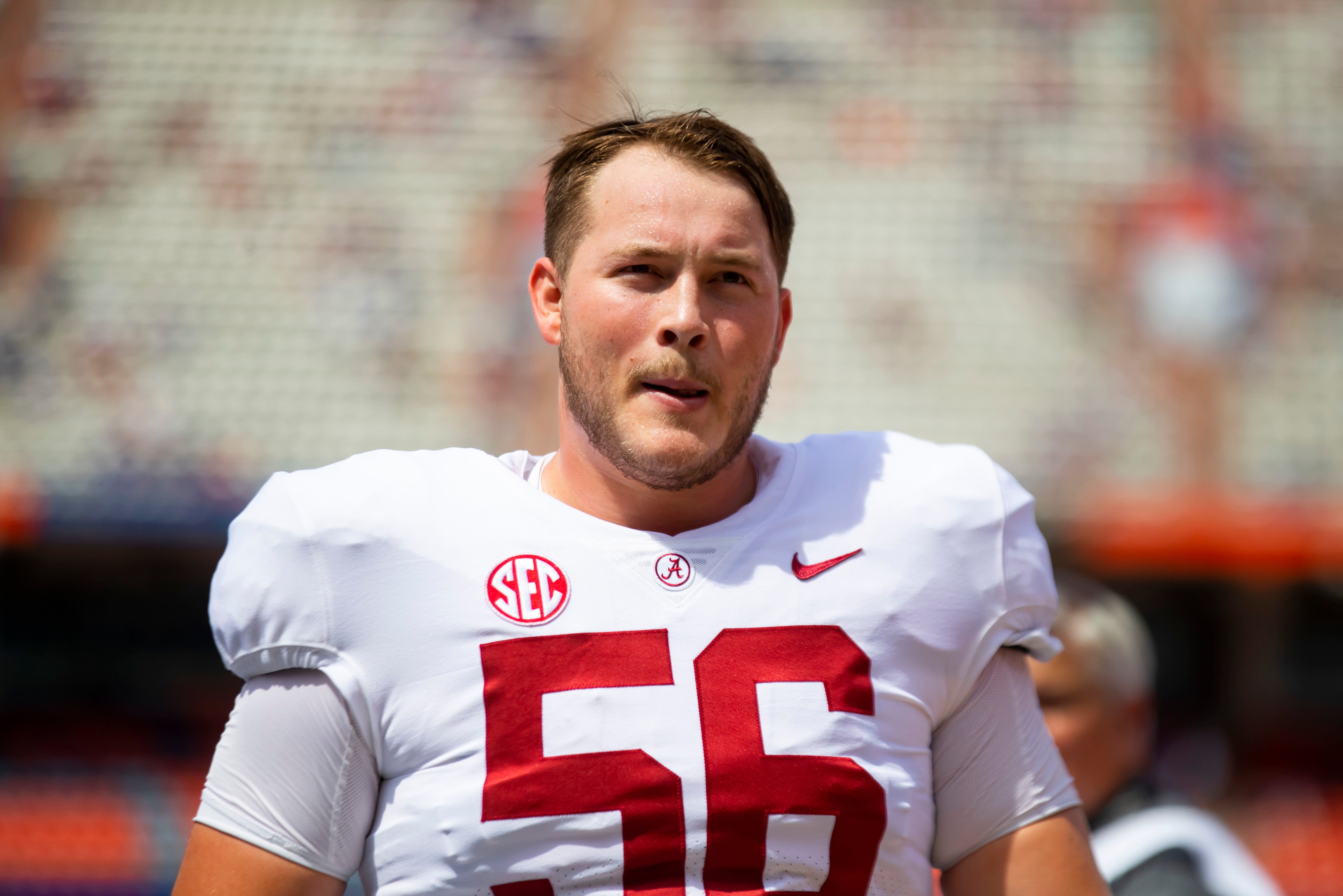 Sep 18, 2021; Gainesville, Florida, USA; Alabama Crimson Tide offensive lineman Seth McLaughlin (56) against the Florida Gators at Ben Hill Griffin Stadium.