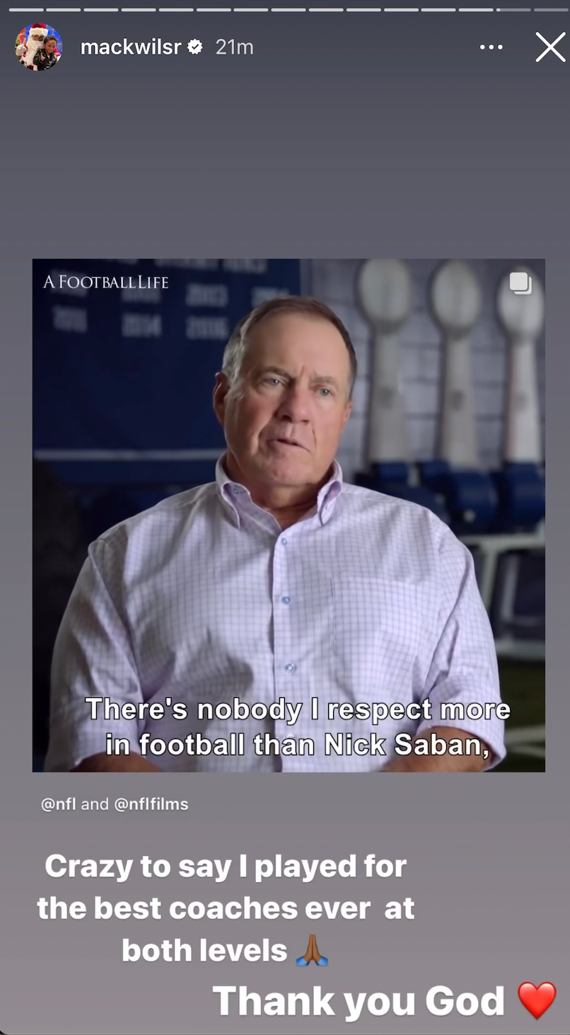 Mack Wilson on Instagram about Nick Saban news