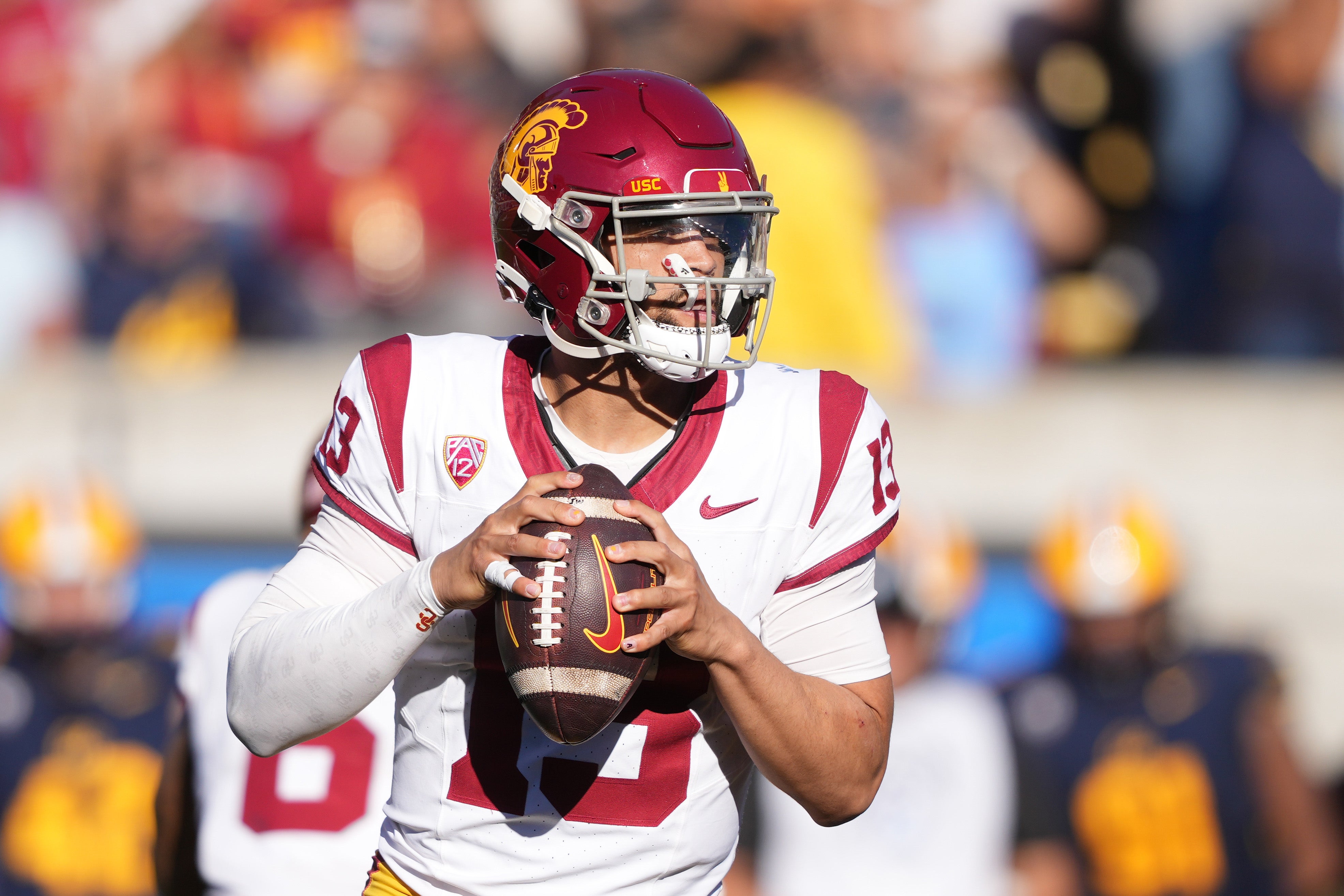 Oct 28, 2023; Berkeley, California, USA; USC Trojans quarterback Caleb Williams (13) against the California Golden Bears during the third quarter at California Memorial Stadium.