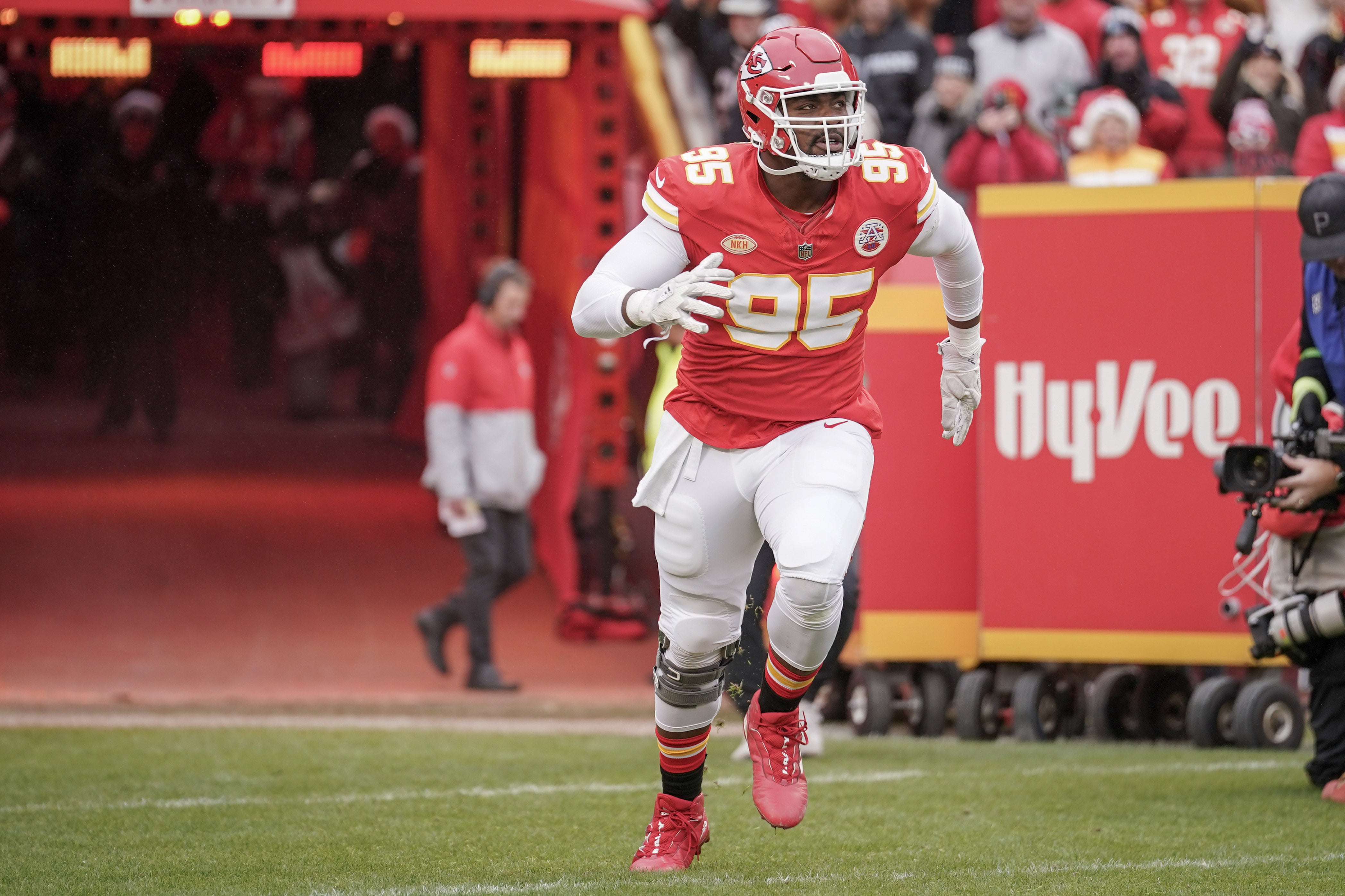 Dec 25, 2023; Kansas City, Missouri, USA; Kansas City Chiefs defensive tackle Chris Jones (95) is introduced against the Las Vegas Raiders prior to a game at GEHA Field at Arrowhead Stadium.