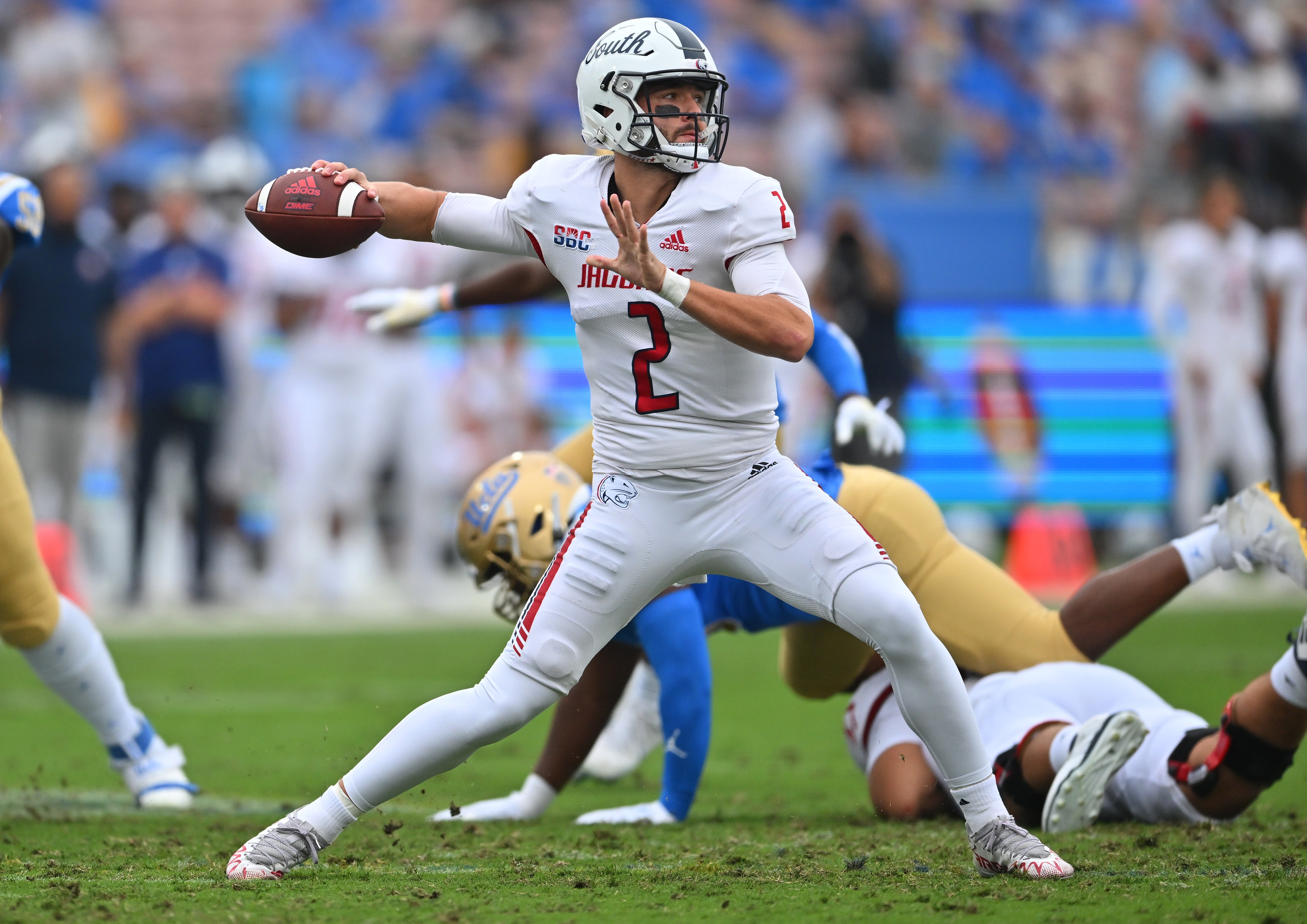 Sep 17, 2022; Pasadena, California, USA; South Alabama Jaguars quarterback Carter Bradley (2) sets to pass in the first half against the UCLA Bruins at the Rose Bowl.