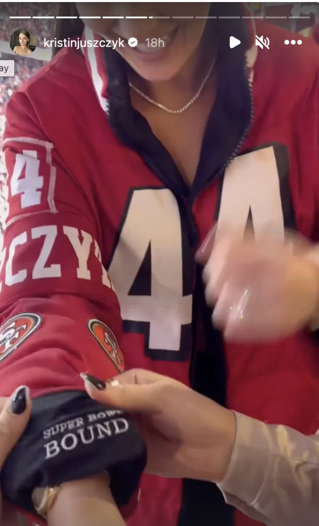 Kristin Juszczy shows exceptional detail on custom jacket after 49ers win NFC Championship.