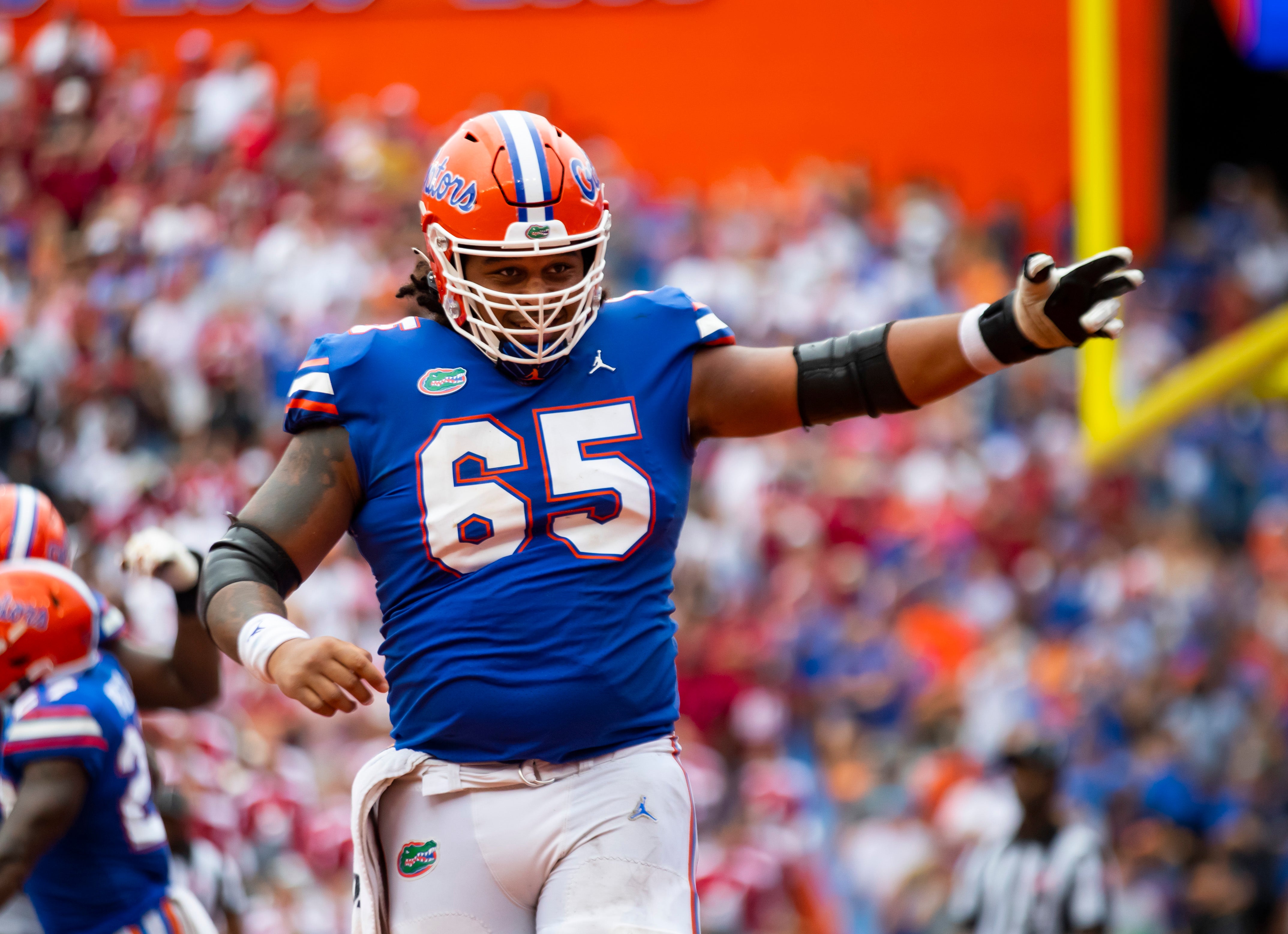 Sep 18, 2021; Gainesville, Florida, USA; Florida Gators center Kingsley Eguakun (65) against the Alabama Crimson Tide at Ben Hill Griffin Stadium.