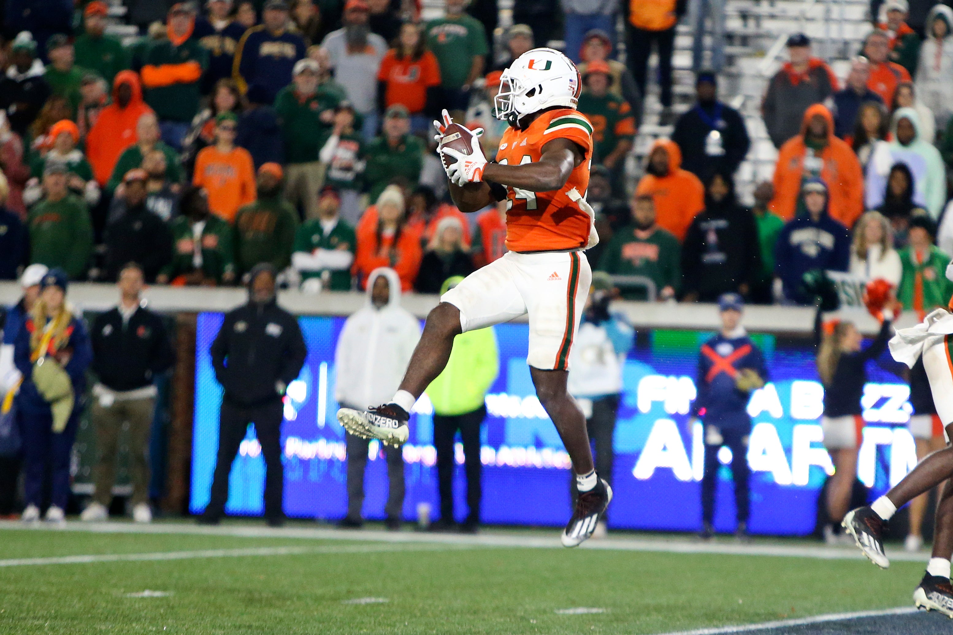 Miami Hurricanes safety Kamren Kinchens (24) intercepts a pass against the Georgia Tech Yellow Jackets in the second half at Bobby Dodd Stadium.
