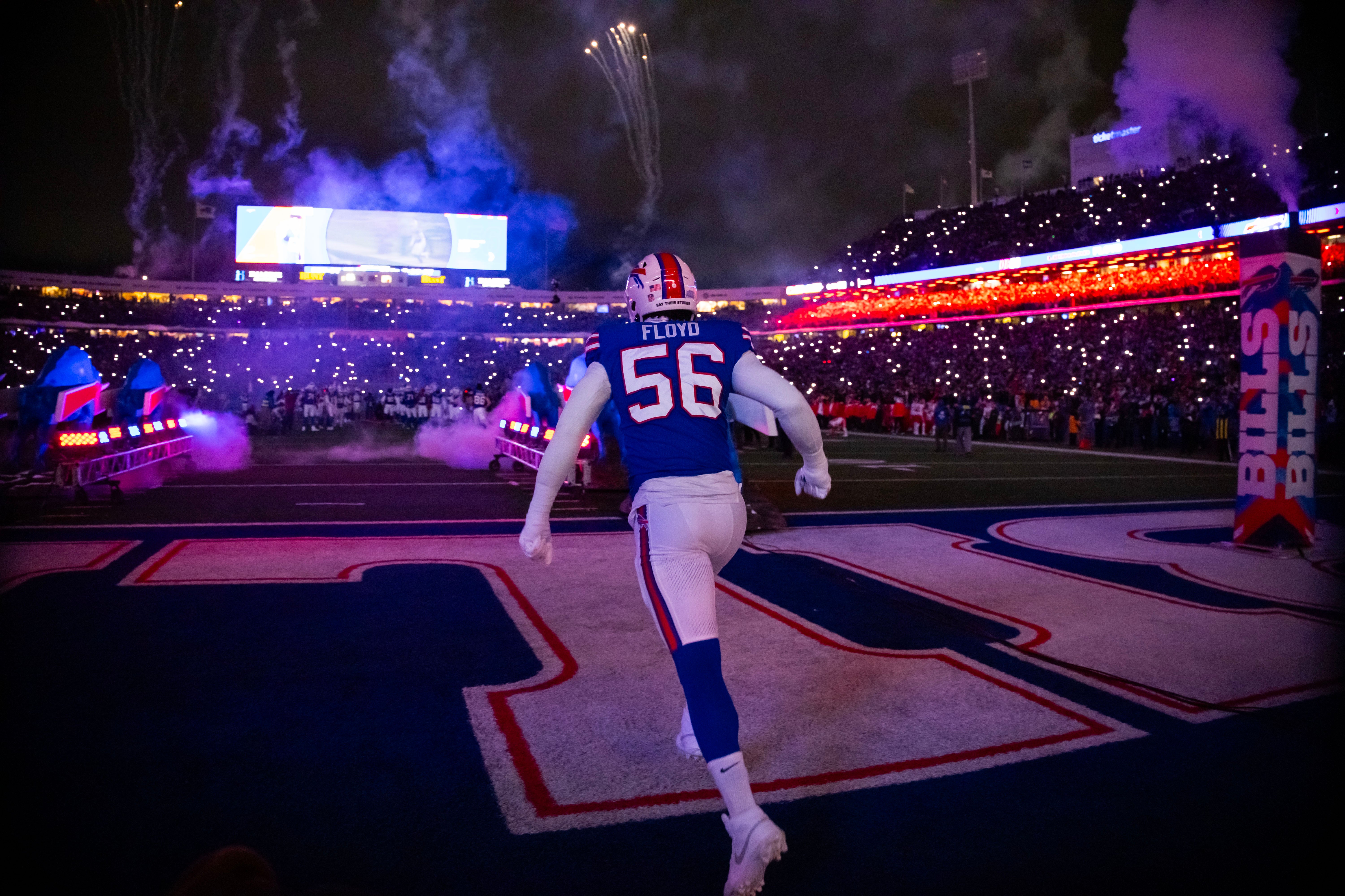 Jan 21, 2024; Orchard Park, New York, USA; Buffalo Bills defensive end Leonard Floyd (56) against the Kansas City Chiefs in the 2024 AFC divisional round game at Highmark Stadium.
