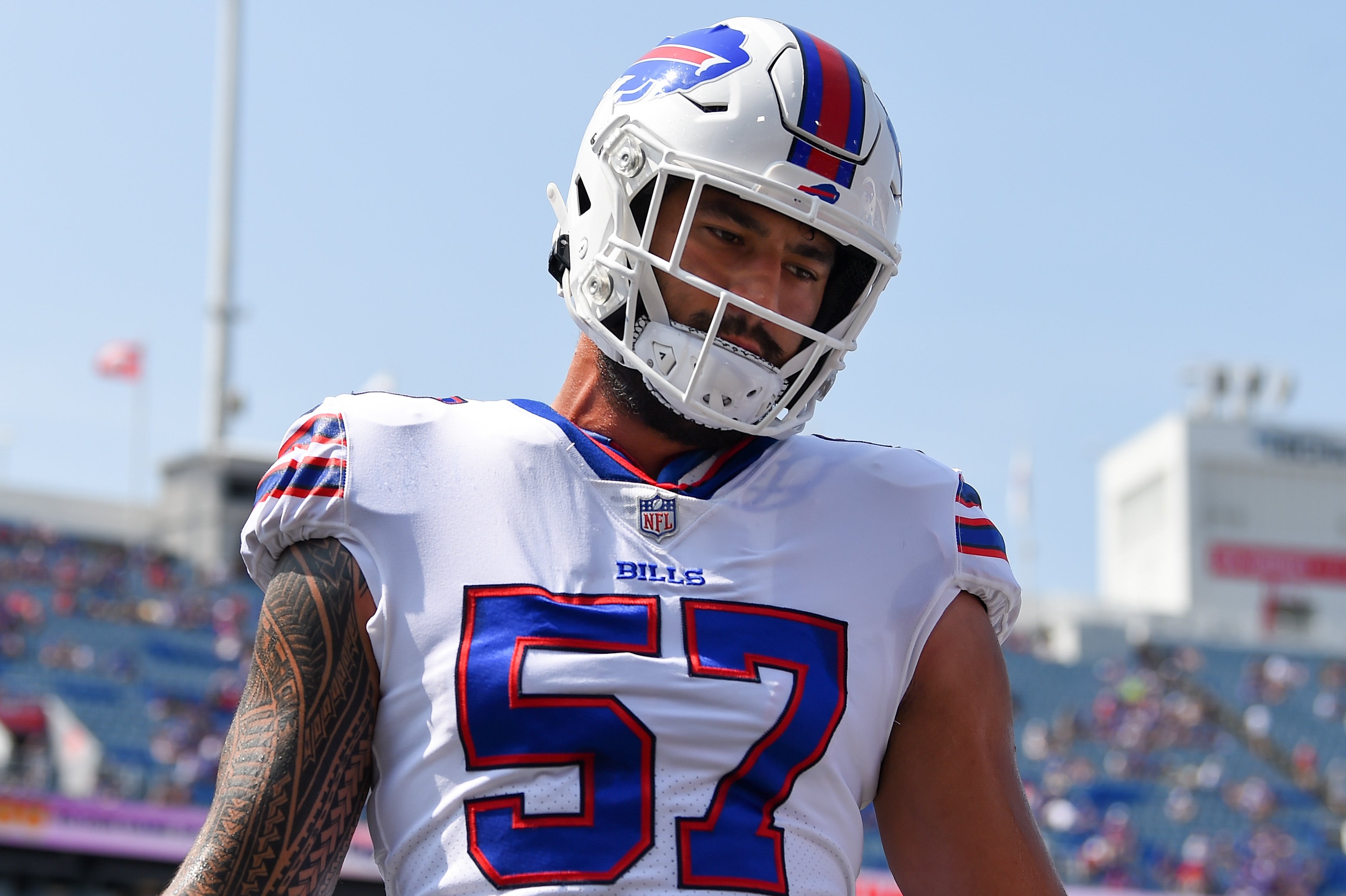 Aug 28, 2021; Orchard Park, New York, USA; Buffalo Bills defensive end A.J. Epenesa (57) prior to the game against the Green Bay Packers at Highmark Stadium.