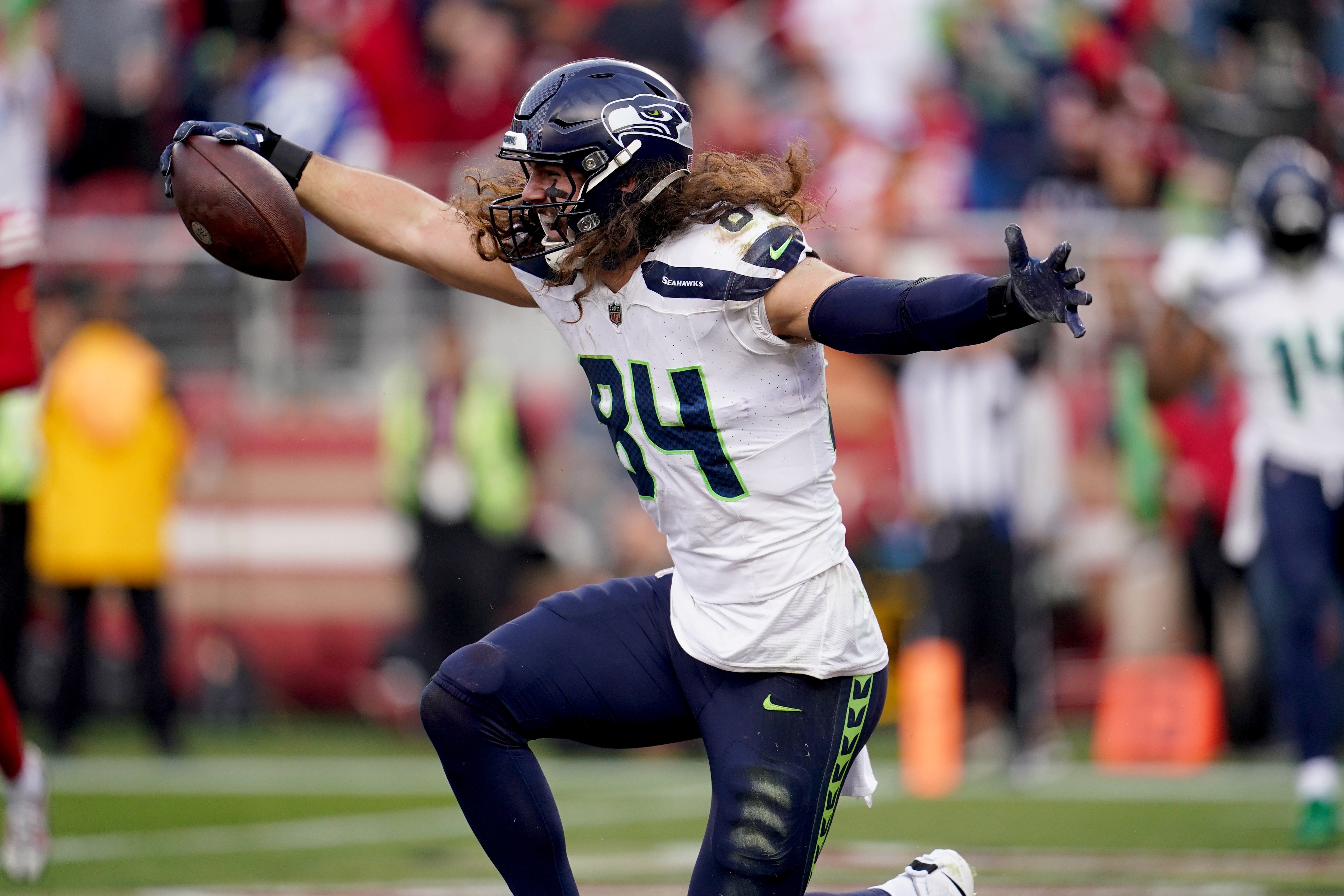 Dec 10, 2023; Santa Clara, California, USA; Seattle Seahawks tight end Colby Parkinson (84) reacts after scoring a touchdown against the San Francisco 49ers in the third quarter at Levi's Stadium.