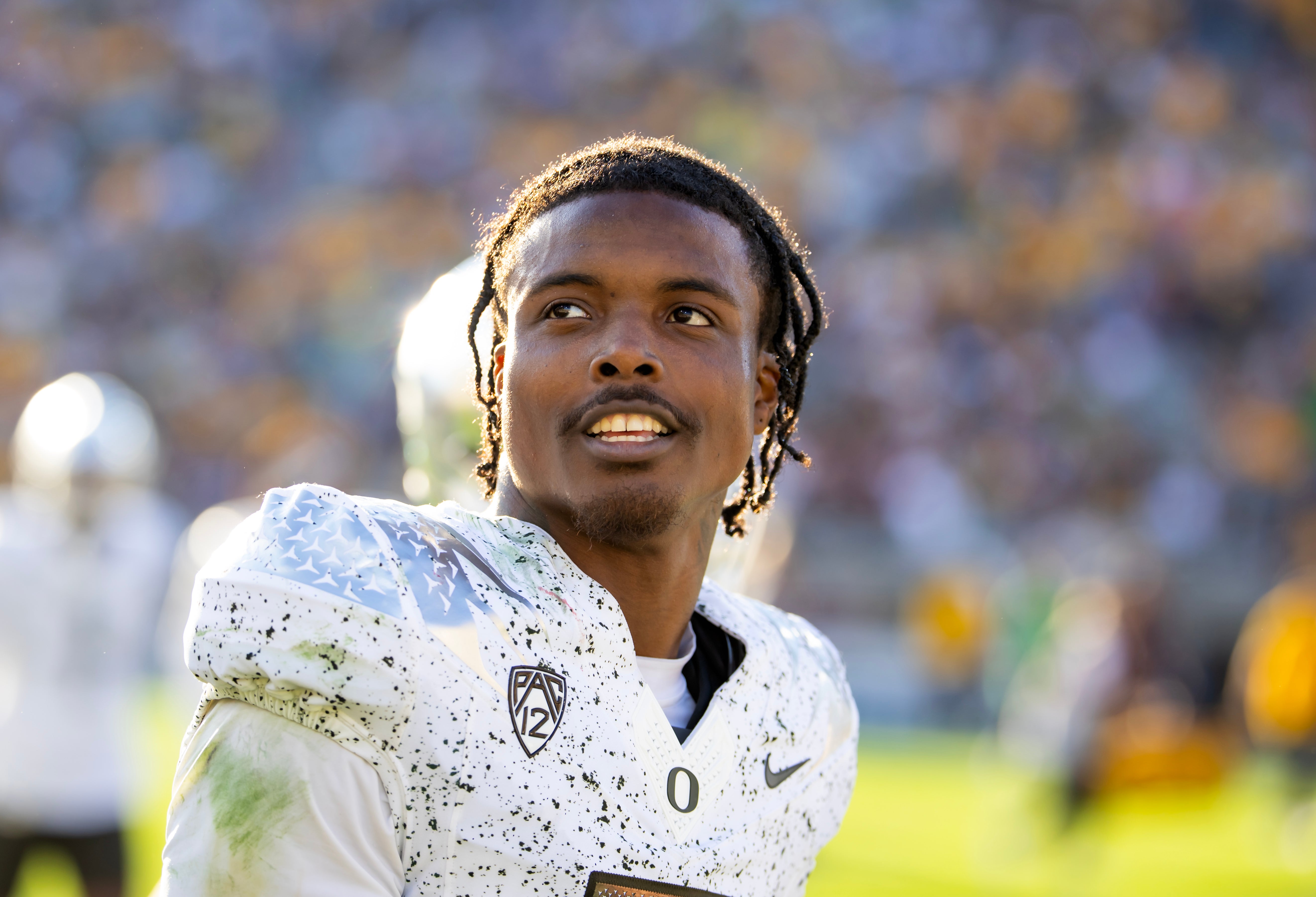 Nov 18, 2023; Tempe, Arizona, USA; Oregon Ducks defensive back Khyree Jackson (5) against the Arizona State Sun Devils at Mountain America Stadium. Mandatory Credit: Mark J. Rebilas-USA TODAY Sports