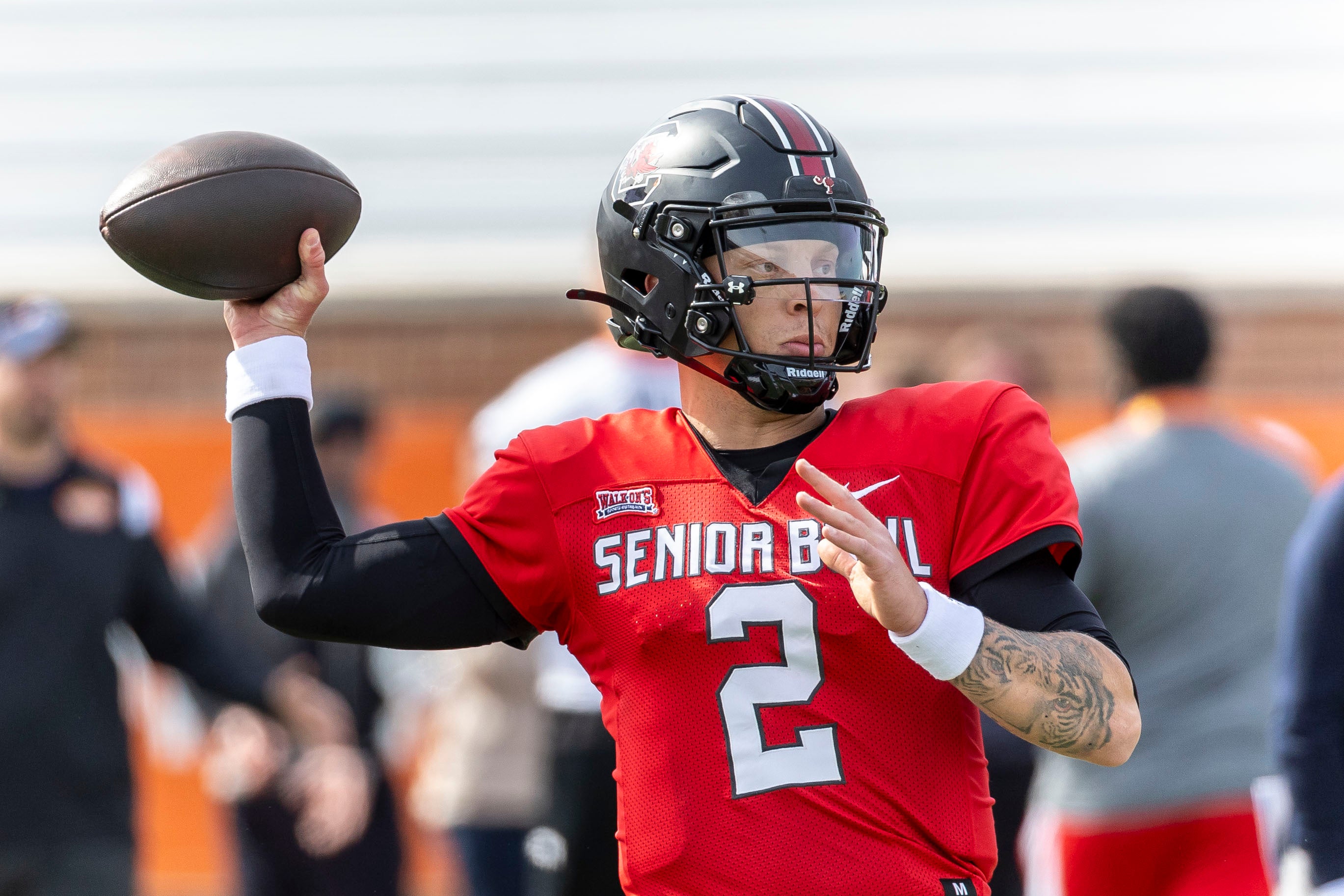 Feb 1, 2024; Mobile, AL, USA; American quarterback Spencer Rattler of South Carolina (2) throws the ball during practice for the American team at Hancock Whitney Stadium. Mandatory Credit: Vasha Hunt-USA TODAY Sports