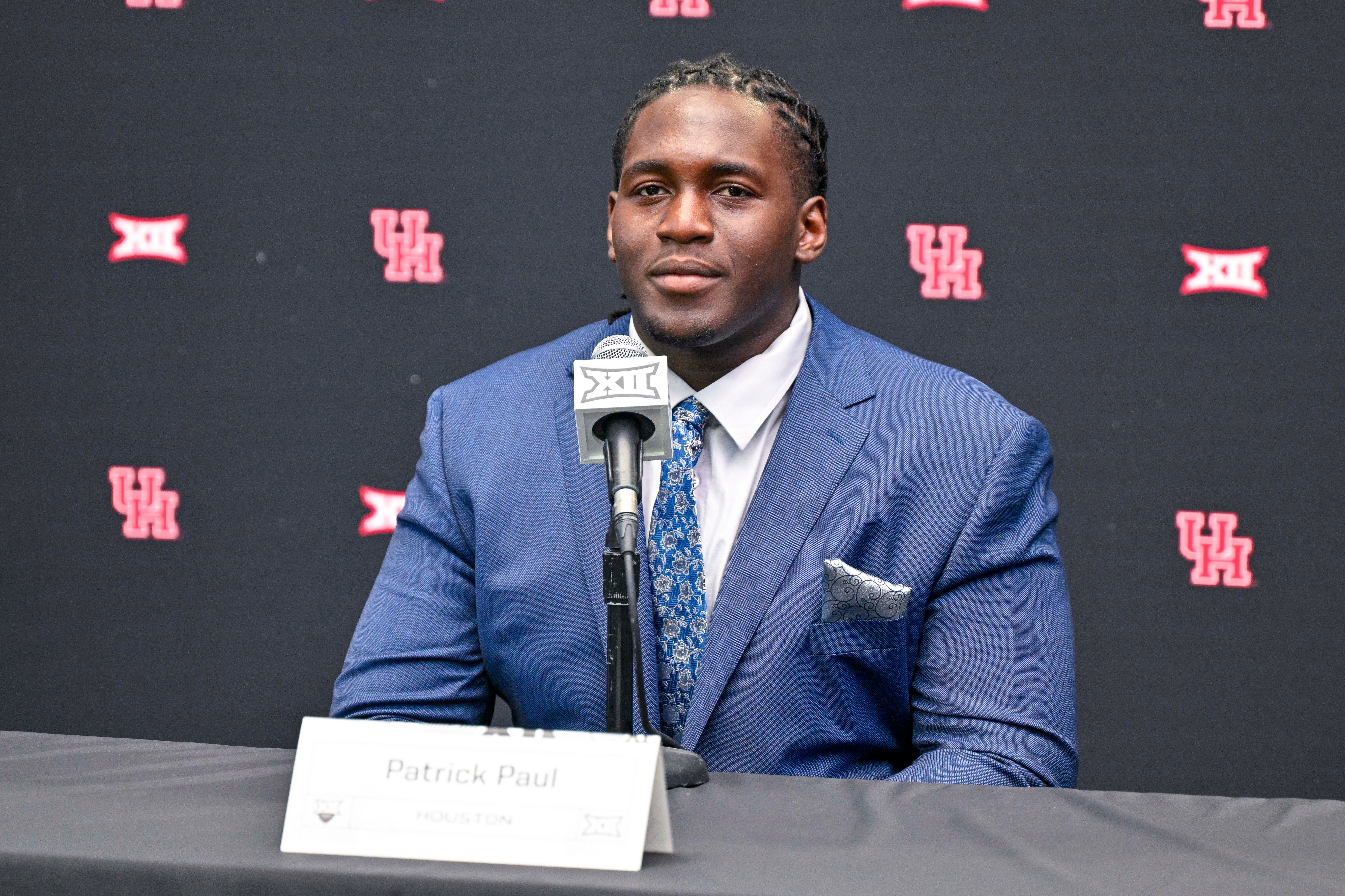 Houston Cougars offensive lineman Patrick Paul is interviewed during Big 12 football media day at AT&T Stadium. Jerome Miron-USA TODAY Sports