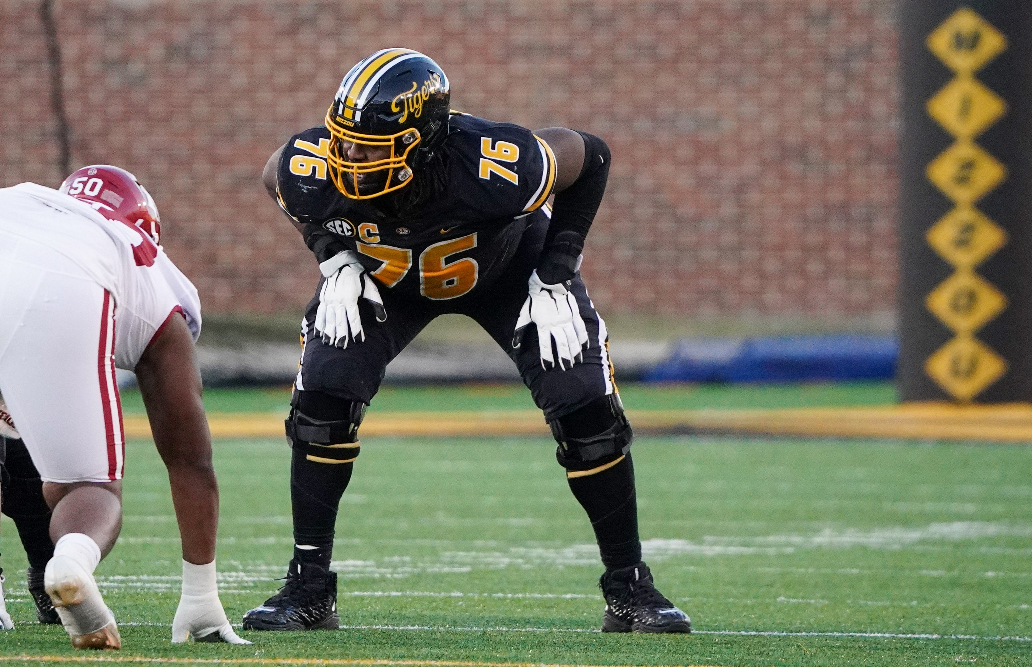 Missouri Tigers offensive lineman Javon Foster (76) on the line against the Arkansas Razorbacks during the game at Faurot Field at Memorial Stadium. Denny Medley-USA TODAY Sports