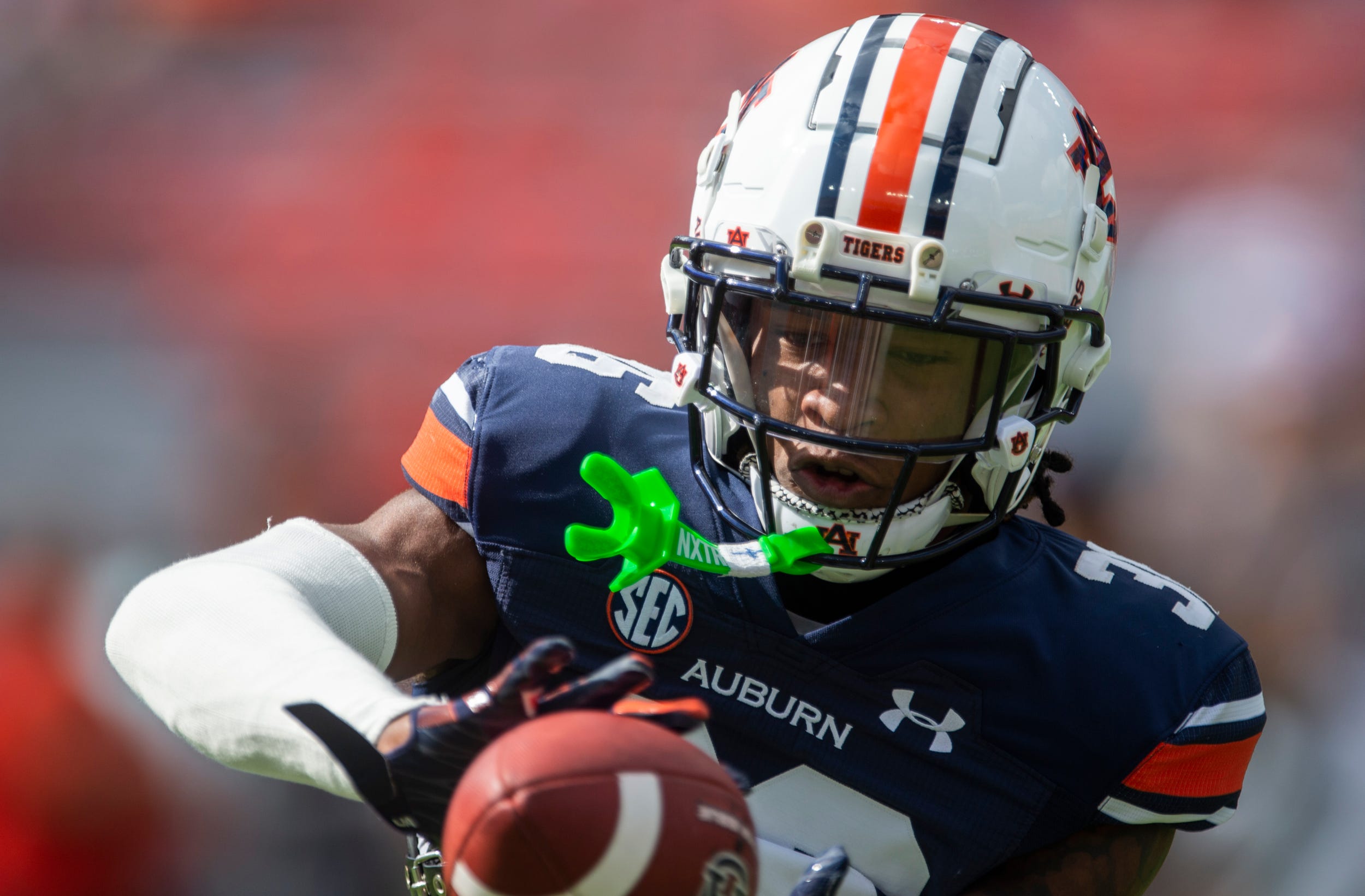 Auburn Tigers defensive back Jaylin Simpson (36) warms up before Auburn Tigers take on Mississippi State Bulldogs at Jordan-Hare Stadium in Auburn, Ala., on Saturday, Oct. 28, 2023 Jake Crandall-USA TODAY NETWORK