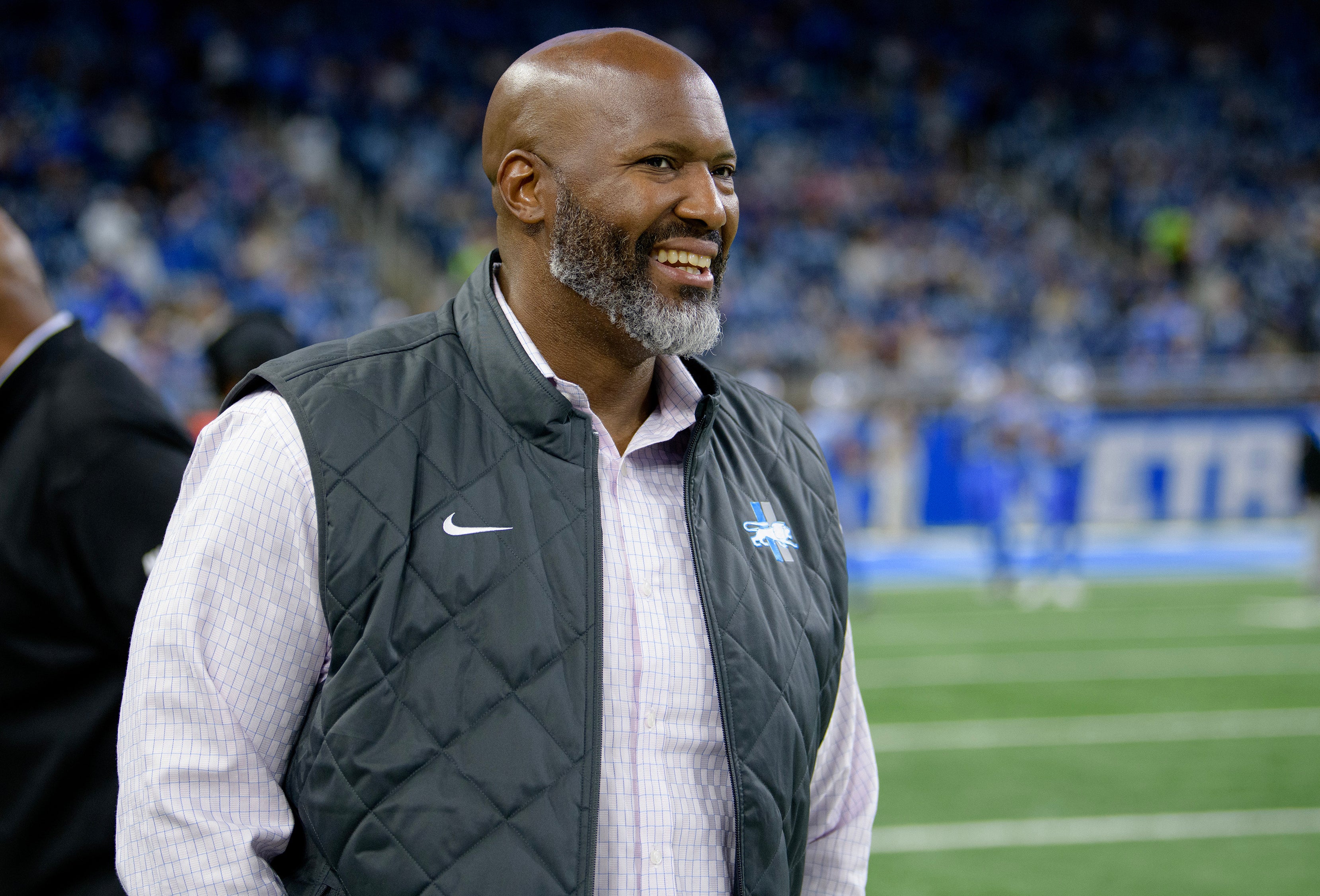 Oct 8, 2023; Detroit, Michigan, USA; Detroit Lions general manager Brad Holmes watches warm-ups from the sidelines before their game against the Carolina Panthers at Ford Field.
