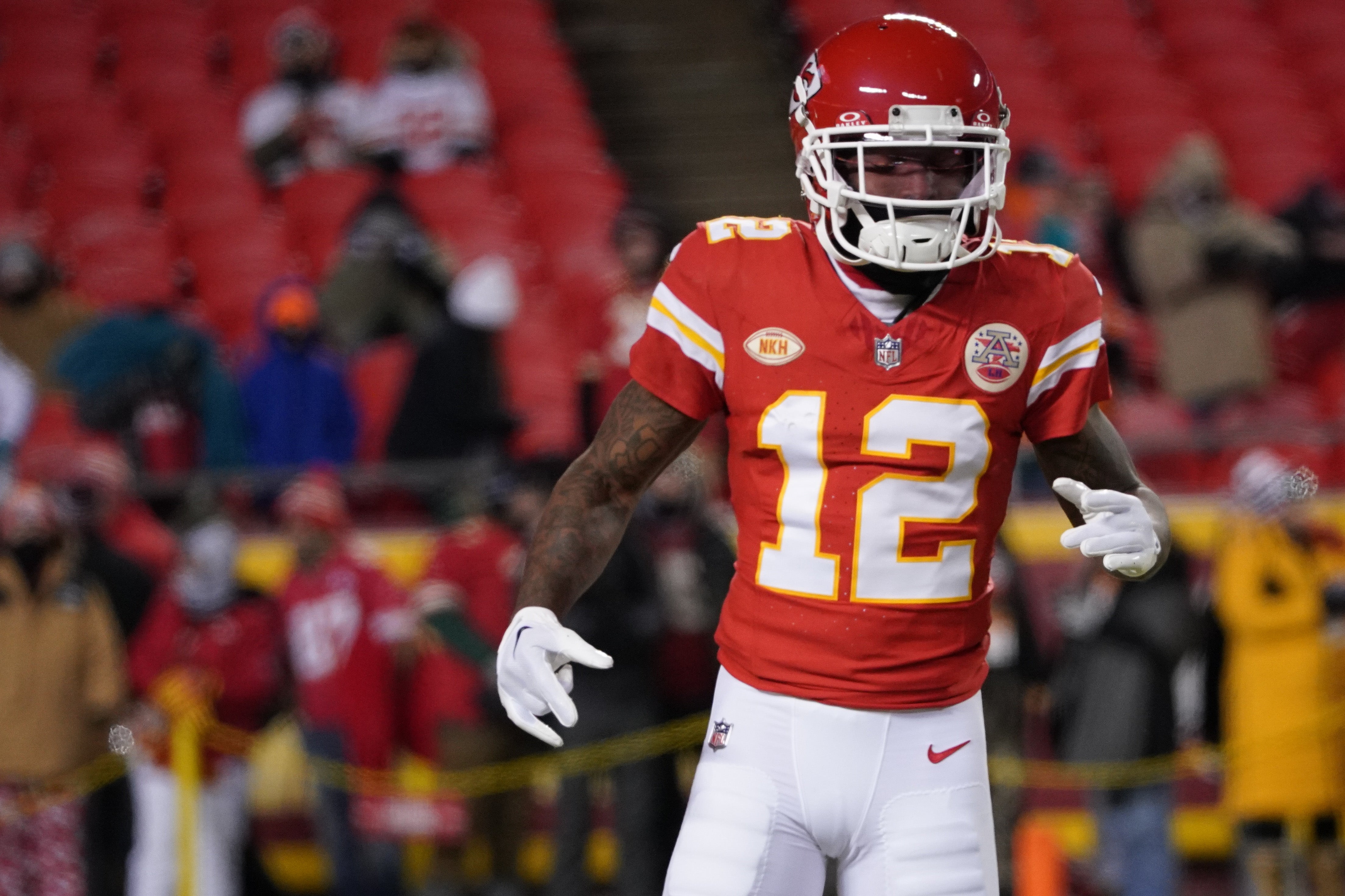 Kansas City Chiefs wide receiver Mecole Hardman (12) before playing against the Miami Dolphins in the 2024 AFC wild-card game