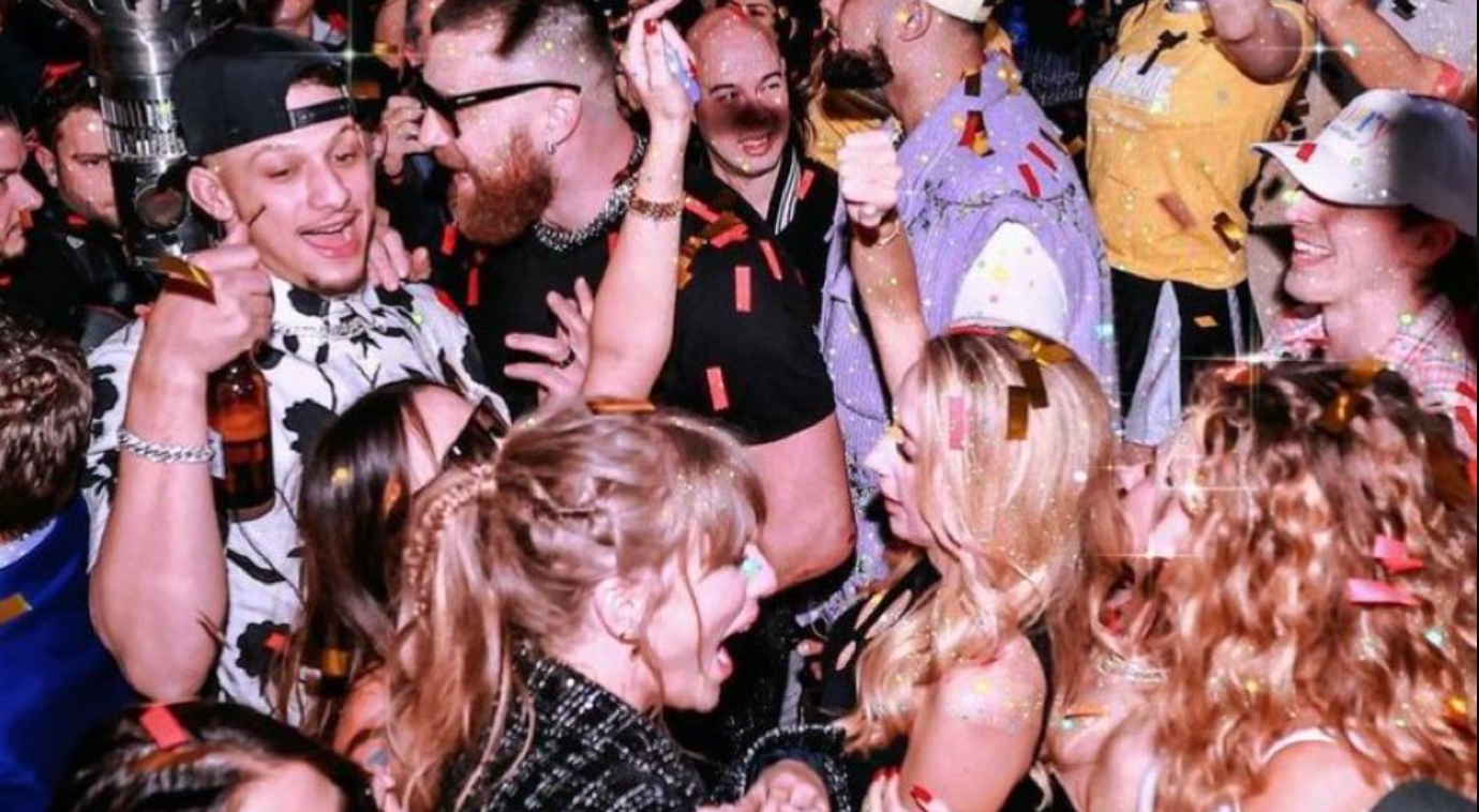 Patrick Mahomes, Travis Kelce, Taylor Swift, Brittany Mahomes, and many others celebrate Kansas City Chiefs Super Bowl LVIII win.