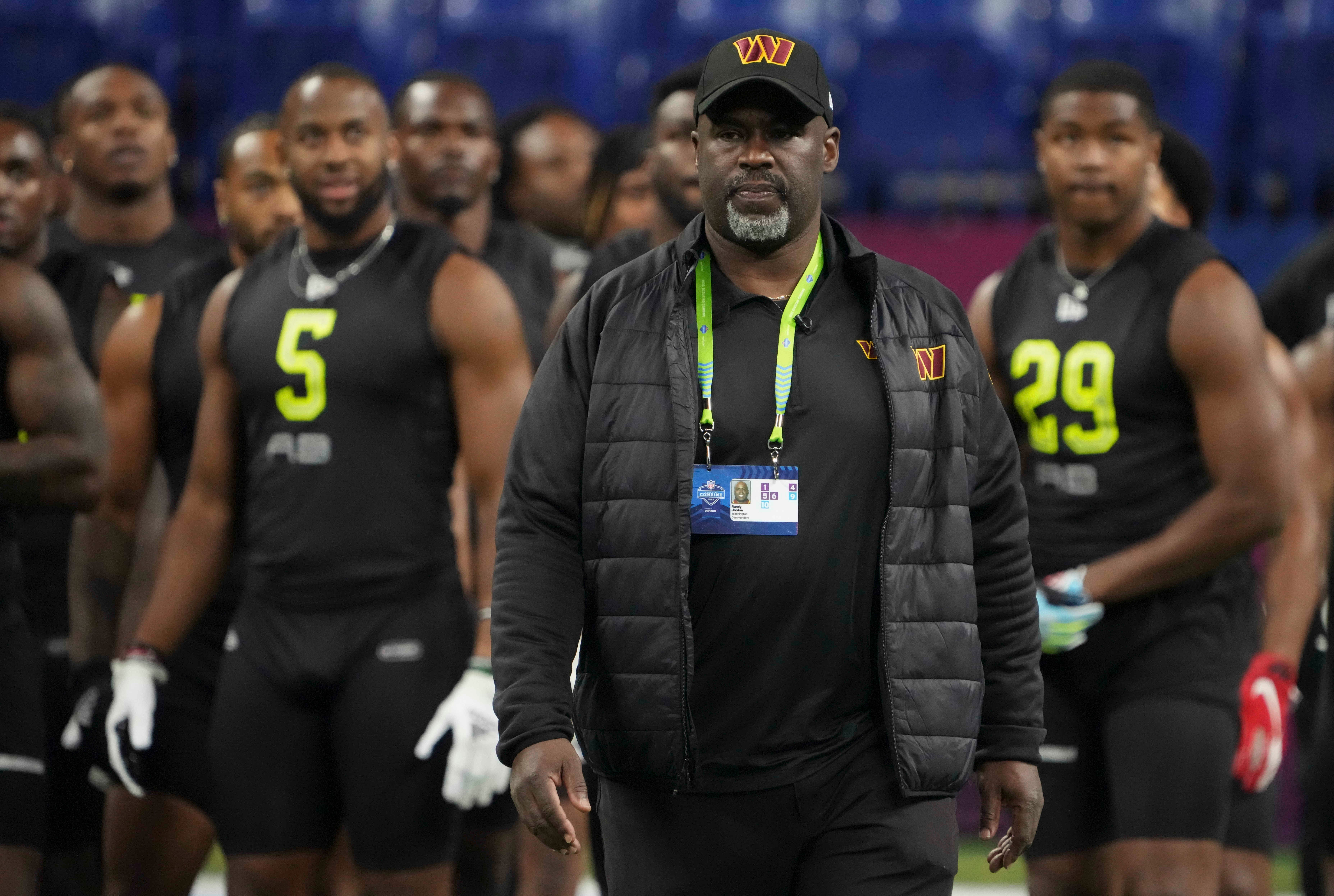 Washington Commanders running backs coach Randy Jordan watches drills during the 2022 NFL Scouting Combine at Lucas Oil Stadium. Kirby Lee-USA TODAY Sports