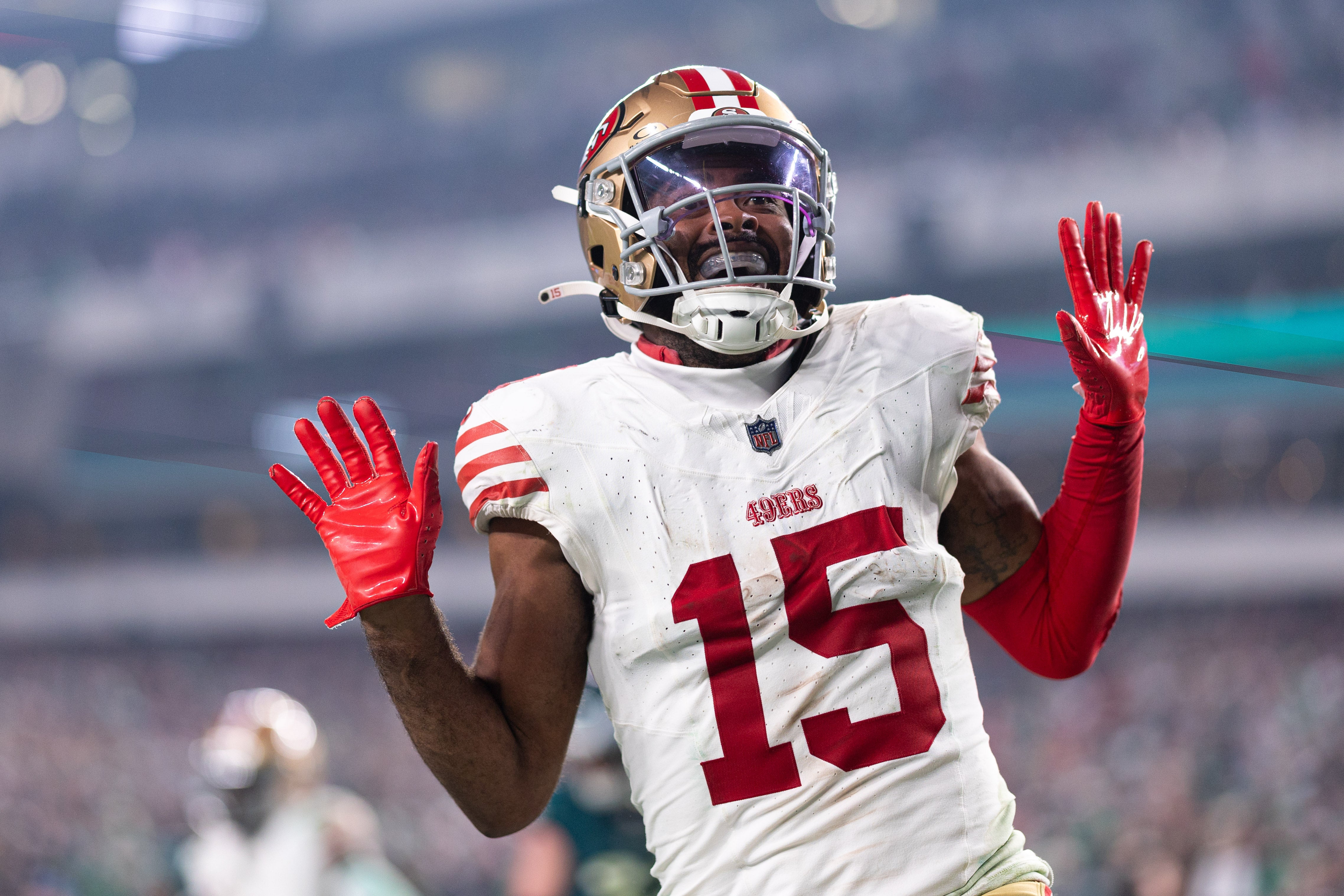San Francisco 49ers wide receiver Jauan Jennings (15) reacts after scoring a touchdown against the Philadelphia Eagles during the fourth quarter at Lincoln Financial Field. Bill Streicher-USA TODAY Sports