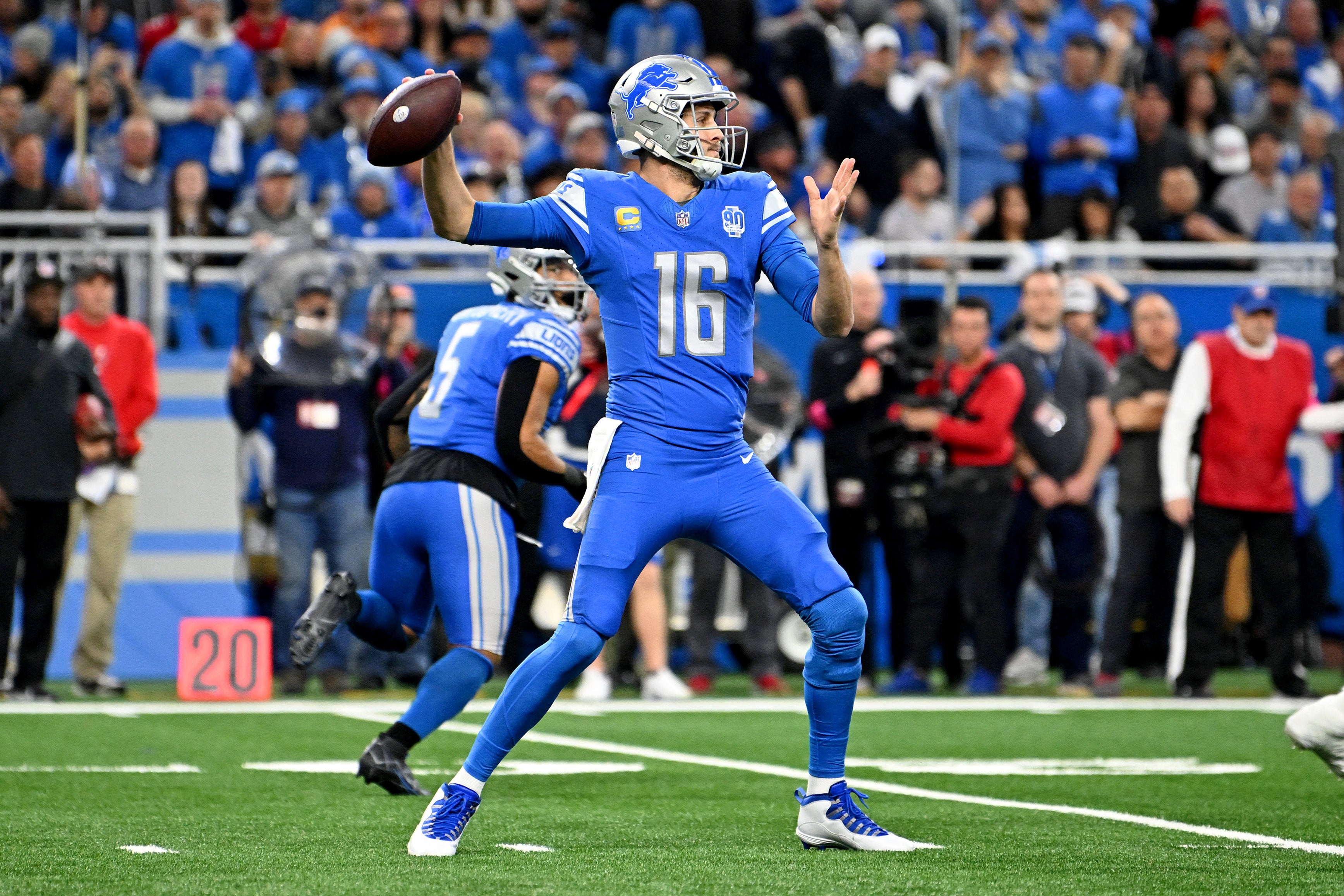 Jan 21, 2024; Detroit, Michigan, USA; Detroit Lions quarterback Jared Goff (16) passes the ball against the Tampa Bay Buccaneers during the first quarter in a 2024 NFC divisional round game at Ford Field.