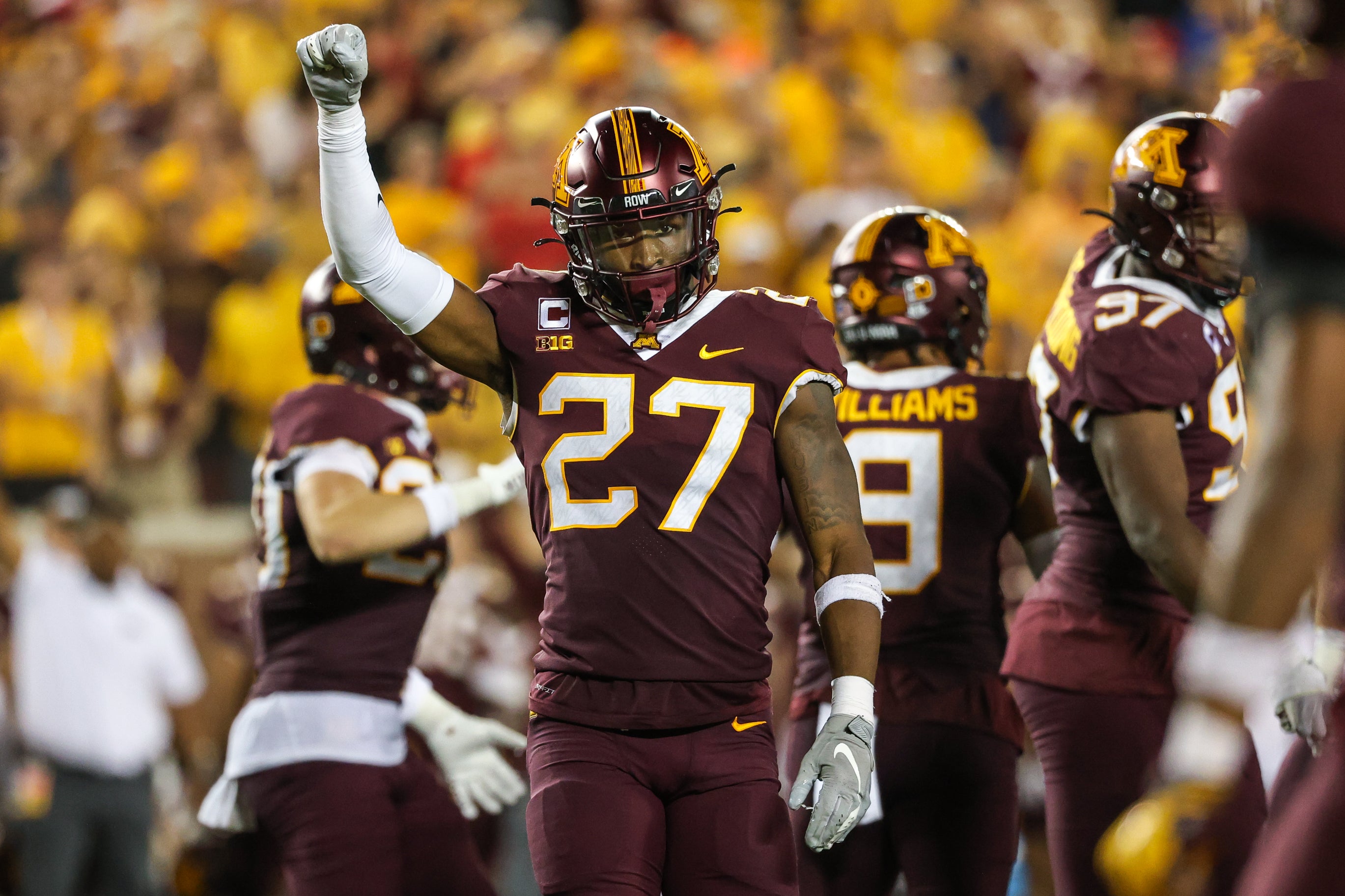 Aug 31, 2023; Minneapolis, Minnesota, USA; Minnesota Golden Gophers defensive back Tyler Nubin (27) celebrates a stop against the Nebraska Cornhuskers during the fourth quarter at Huntington Bank Stadium.