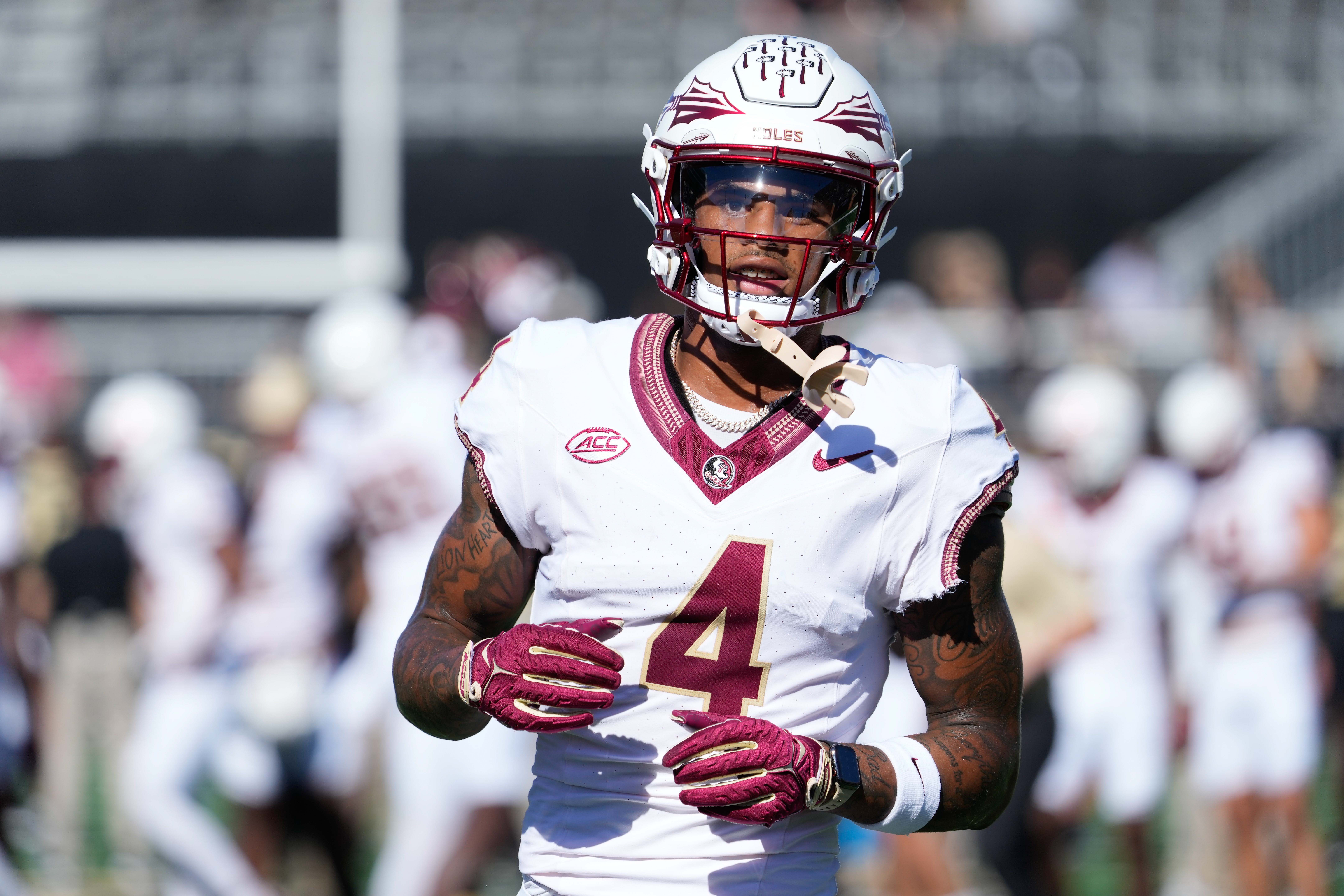Oct 28, 2023; Winston-Salem, North Carolina, USA; Florida State Seminoles wide receiver Keon Coleman (4) warms up during the first half against the Wake Forest Demon Deacons at Allegacy Federal Credit Union Stadium.