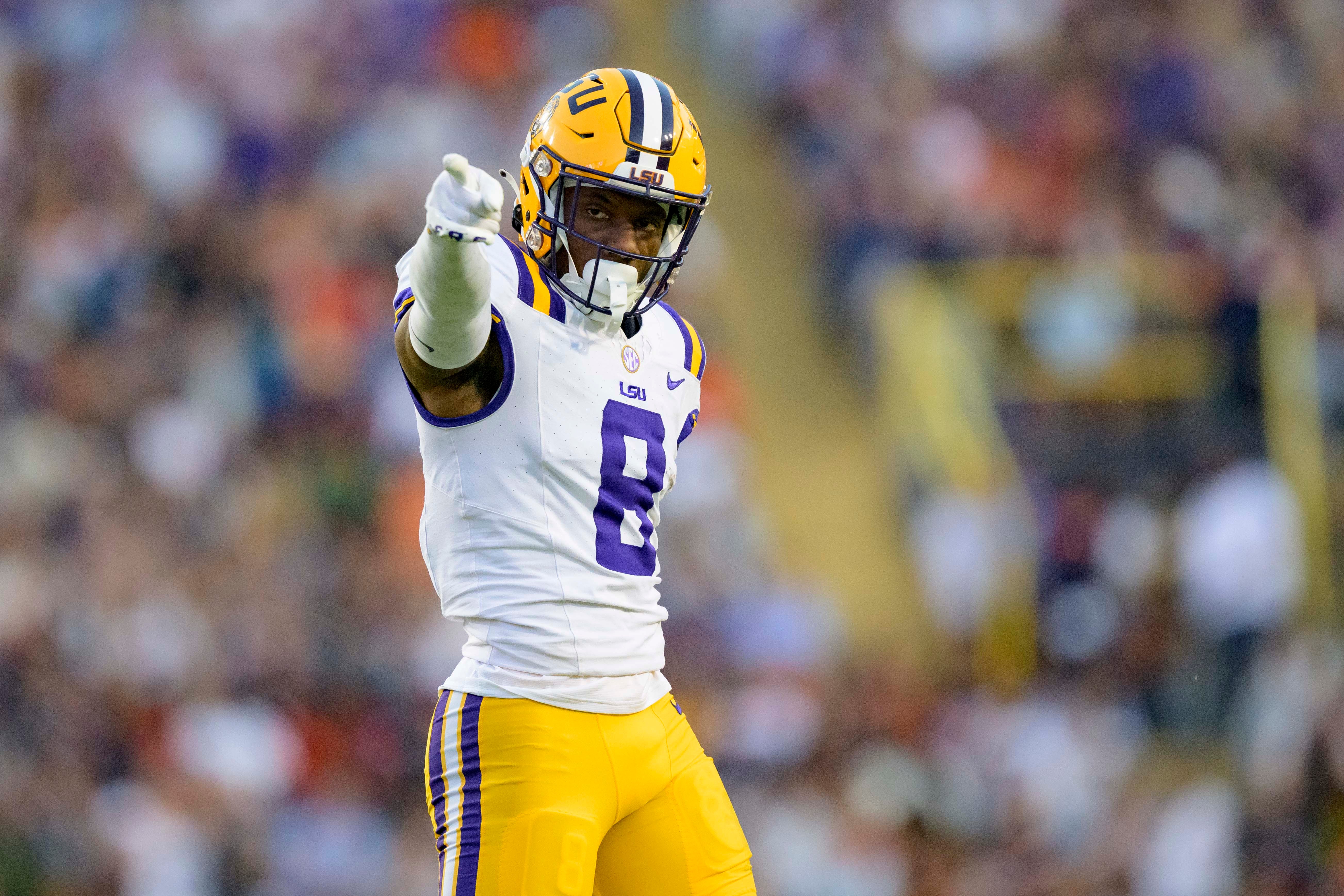 Oct 14, 2023; Baton Rouge, Louisiana, USA; LSU Tigers wide receiver Malik Nabers (8) celebrates a run after a reception against the Auburn Tigers during the first quarter at Tiger Stadium.