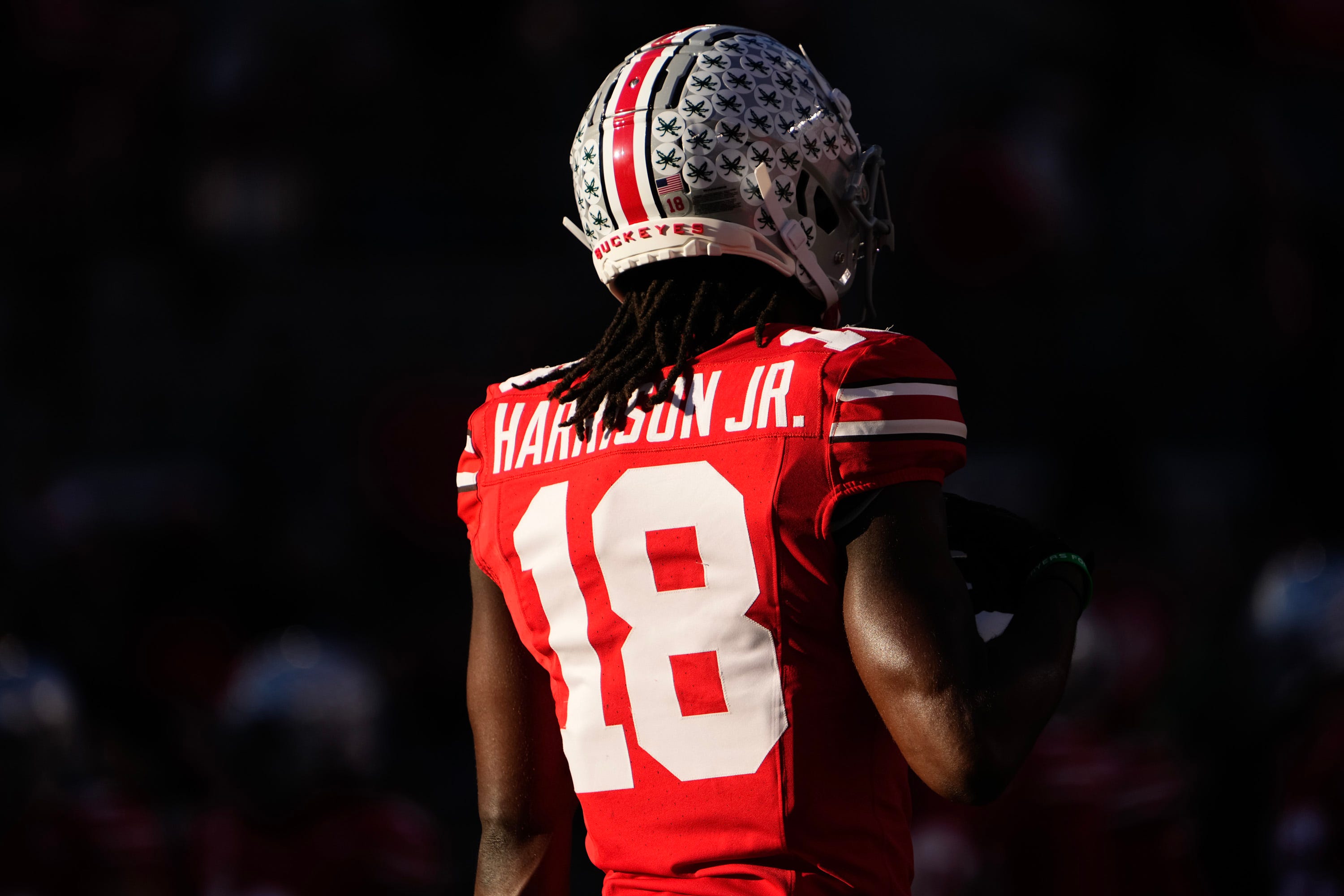 Nov 18, 2023; Columbus, Ohio, USA; Ohio State Buckeyes wide receiver Marvin Harrison Jr. (18) warms up prior to the NCAA football game against the Minnesota Golden Gophers at Ohio Stadium.