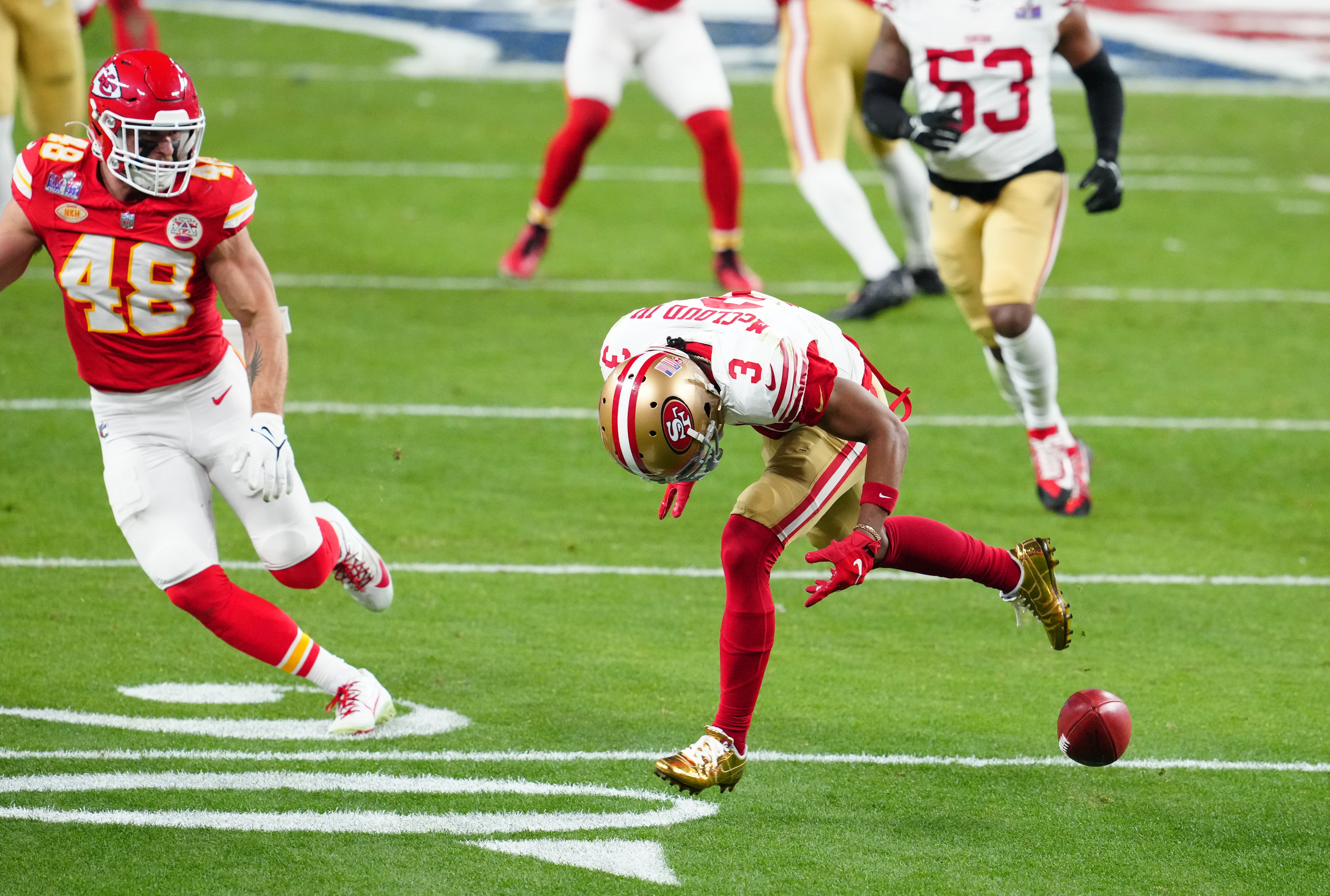 Feb 11, 2024; Paradise, Nevada, USA; San Francisco 49ers wide receiver Ray-Ray McCloud III (3) attempts to recover a muffed punt against the Kansas City Chiefs in the second half in Super Bowl LVIII at Allegiant Stadium.