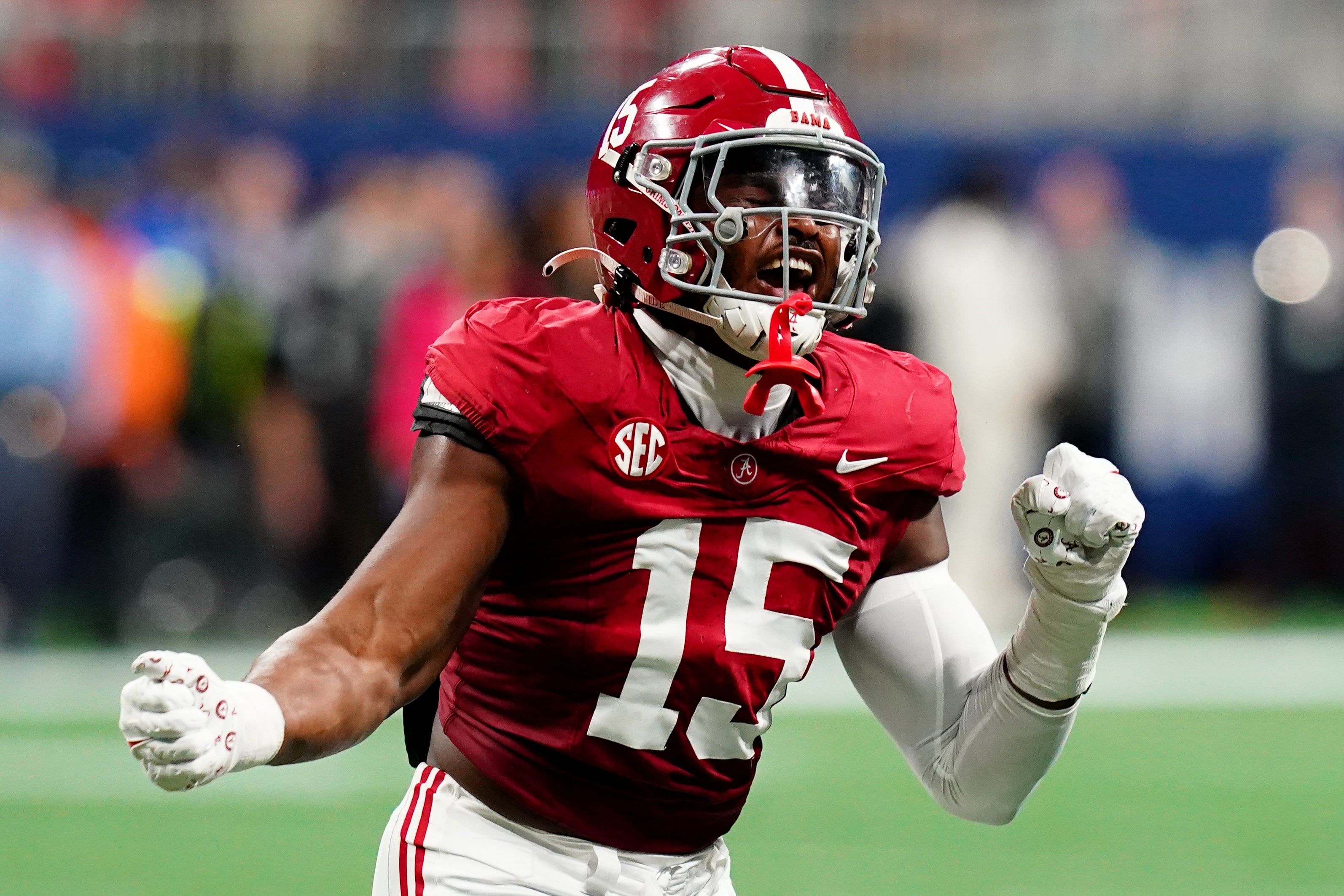 Dec 2, 2023; Atlanta, GA, USA; Alabama Crimson Tide linebacker Dallas Turner (15) celebrates after a sack in the second quarter against the Georgia Bulldogs in the SEC Championship at Mercedes-Benz Stadium.