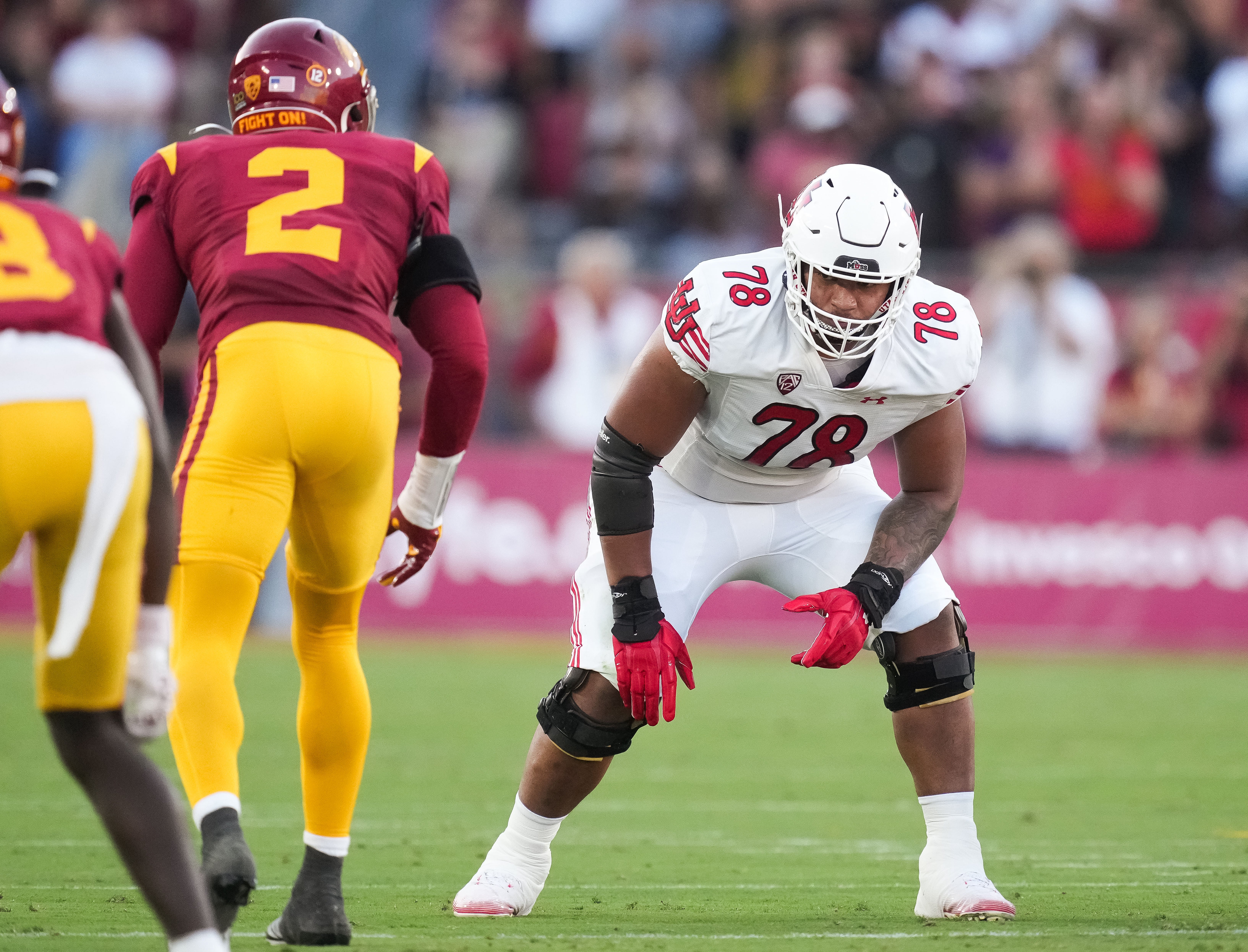 Oct 21, 2023; Los Angeles, California, USA; Utah Utes offensive lineman Sataoa Laumea (78) against the Southern California Trojans in the first half at United Airlines Field at Los Angeles Memorial Coliseum.
