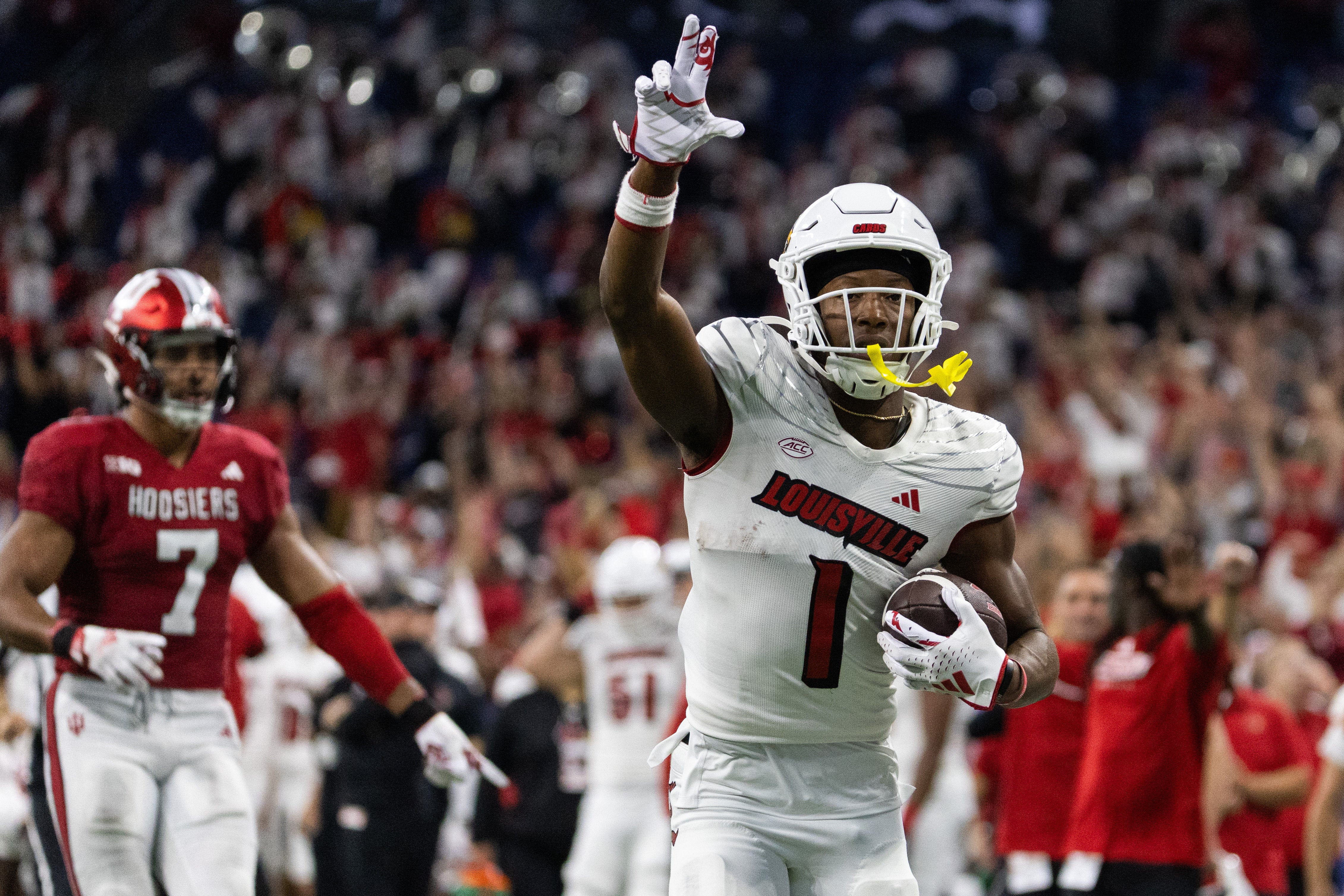 Sep 16, 2023; Indianapolis, Indiana, USA; Louisville Cardinals wide receiver Jamari Thrash (1) catches the ball against the Indiana Hoosiers iin the second half at Lucas Oil Stadium.