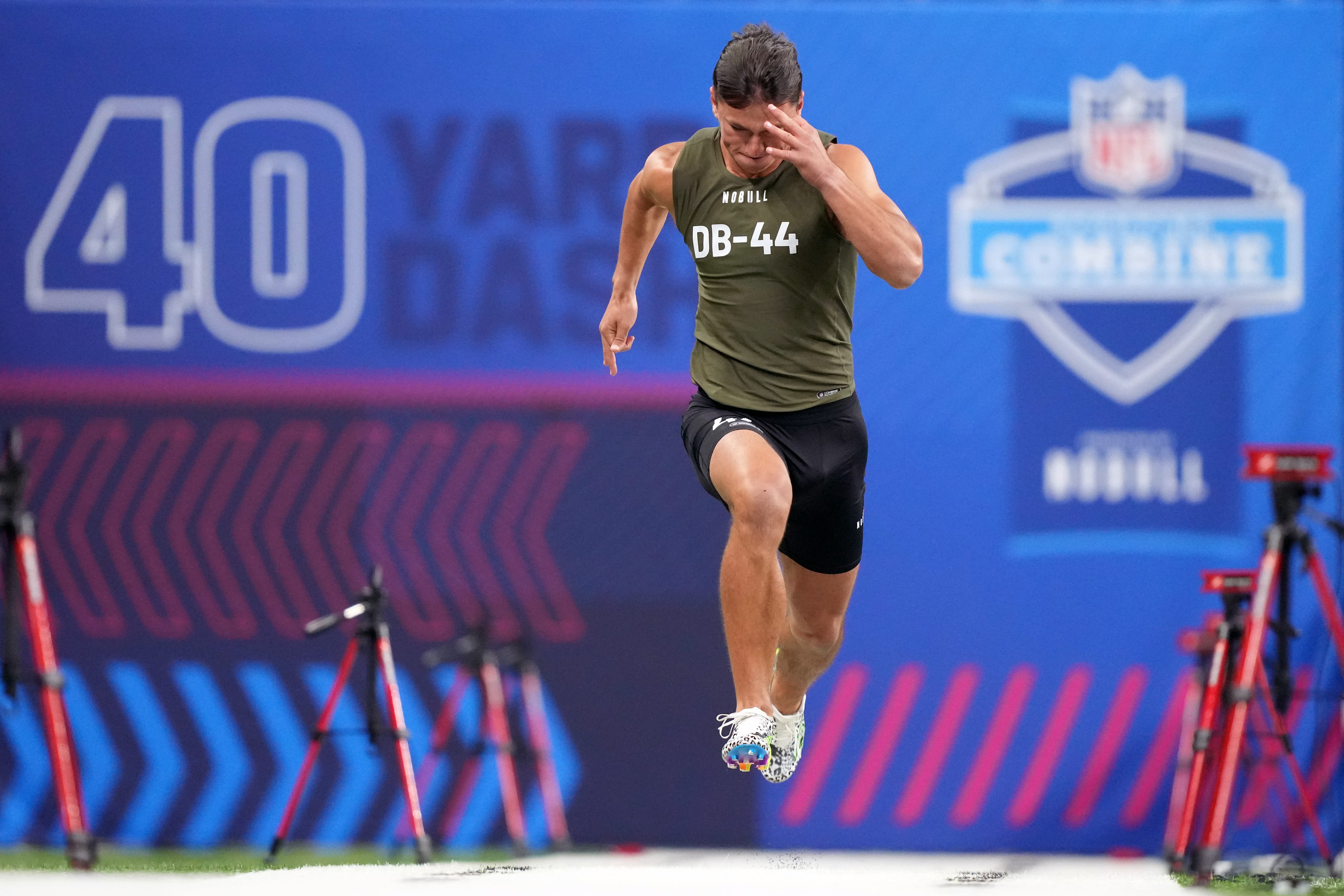 Mar 1, 2024; Indianapolis, IN, USA; Utah defensive back Cole Bishop (DB44) works out during the 2024 NFL Combine at Lucas Oil Stadium.