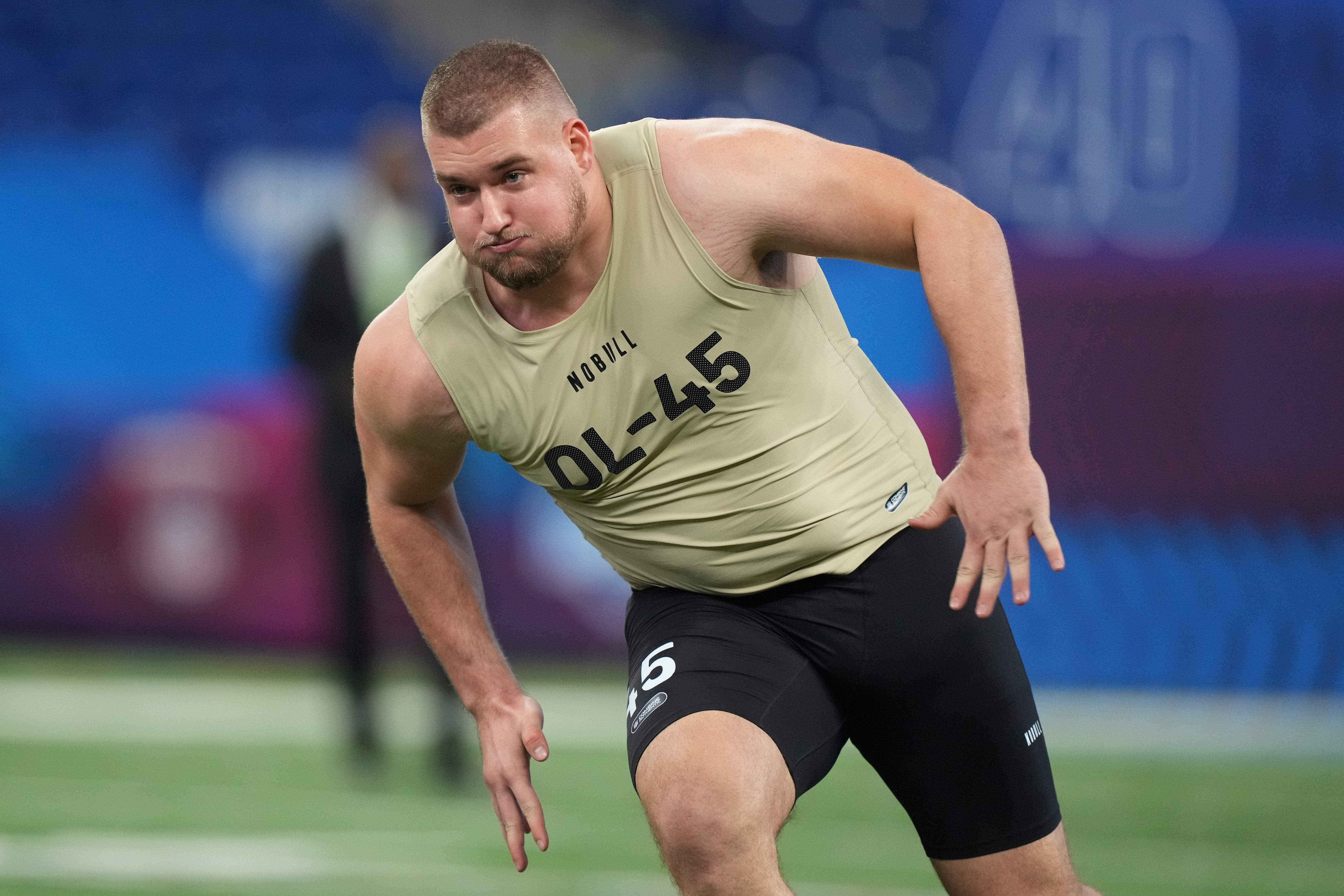 Mar 3, 2024; Indianapolis, IN, USA; Arkansas offensive lineman Beaux Limmer (OL45) during the 2024 NFL Combine at Lucas Oil Stadium.