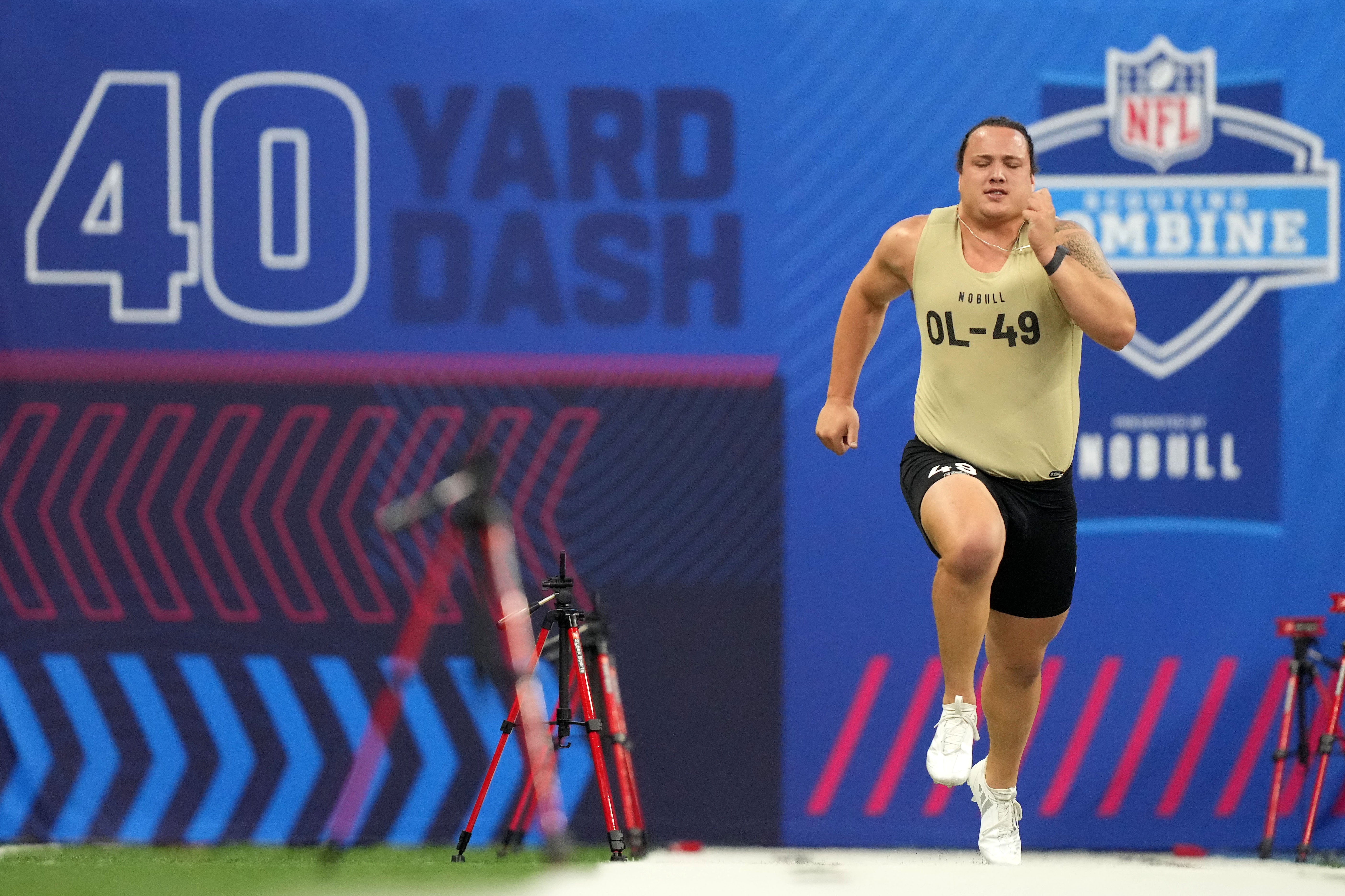Mar 3, 2024; Indianapolis, IN, USA; North Carolina State offensive lineman Dylan McMahon (OL49) during the 2024 NFL Combine at Lucas Oil Stadium.