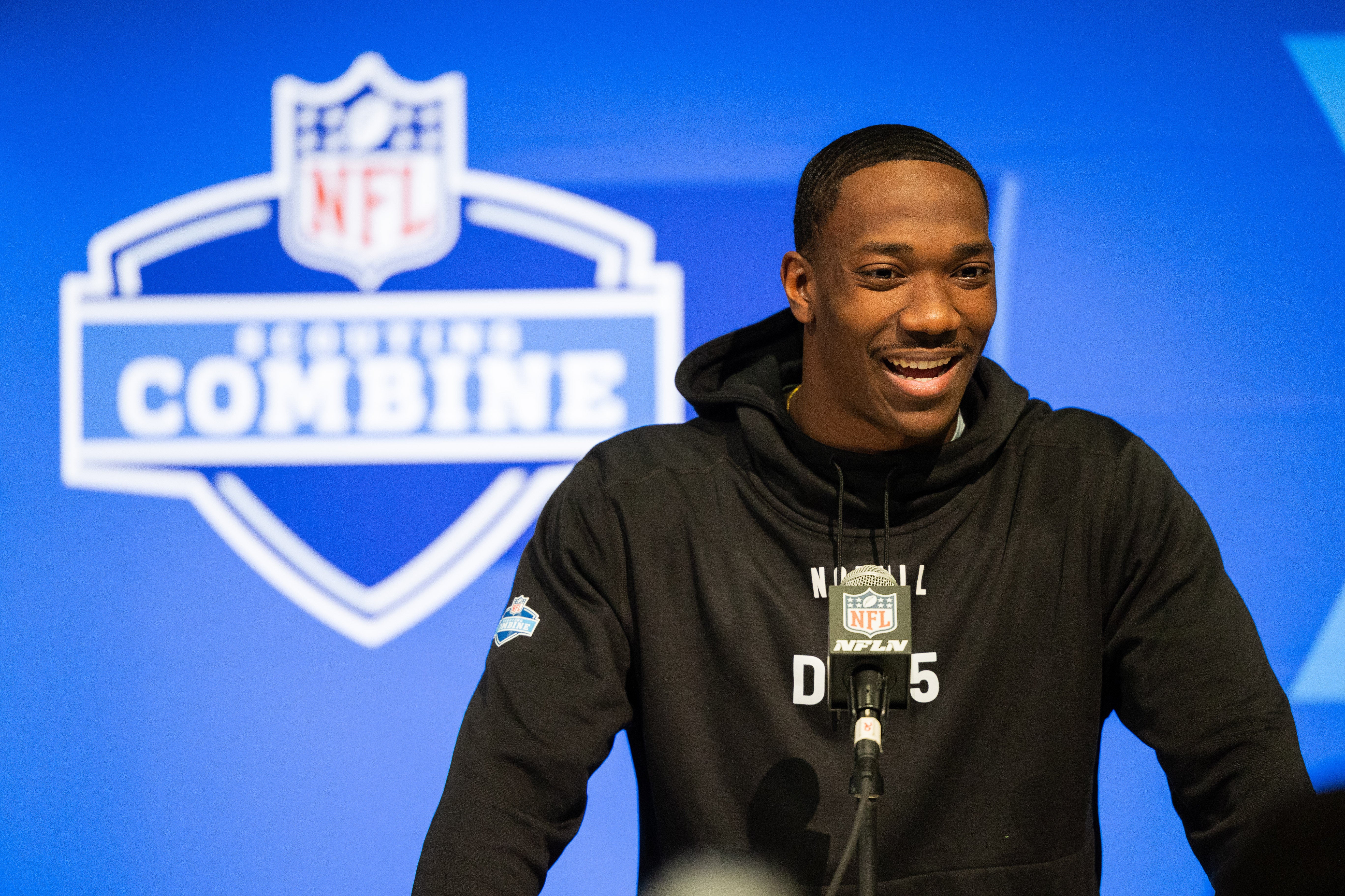 Feb 29, 2024; Indianapolis, IN, USA; Notre Dame defensive back Cam Hart (DB15) talks to the media during the 2024 NFL Combine at Lucas Oil Stadium. Mandatory Credit: Trevor Ruszkowski-USA TODAY Sports