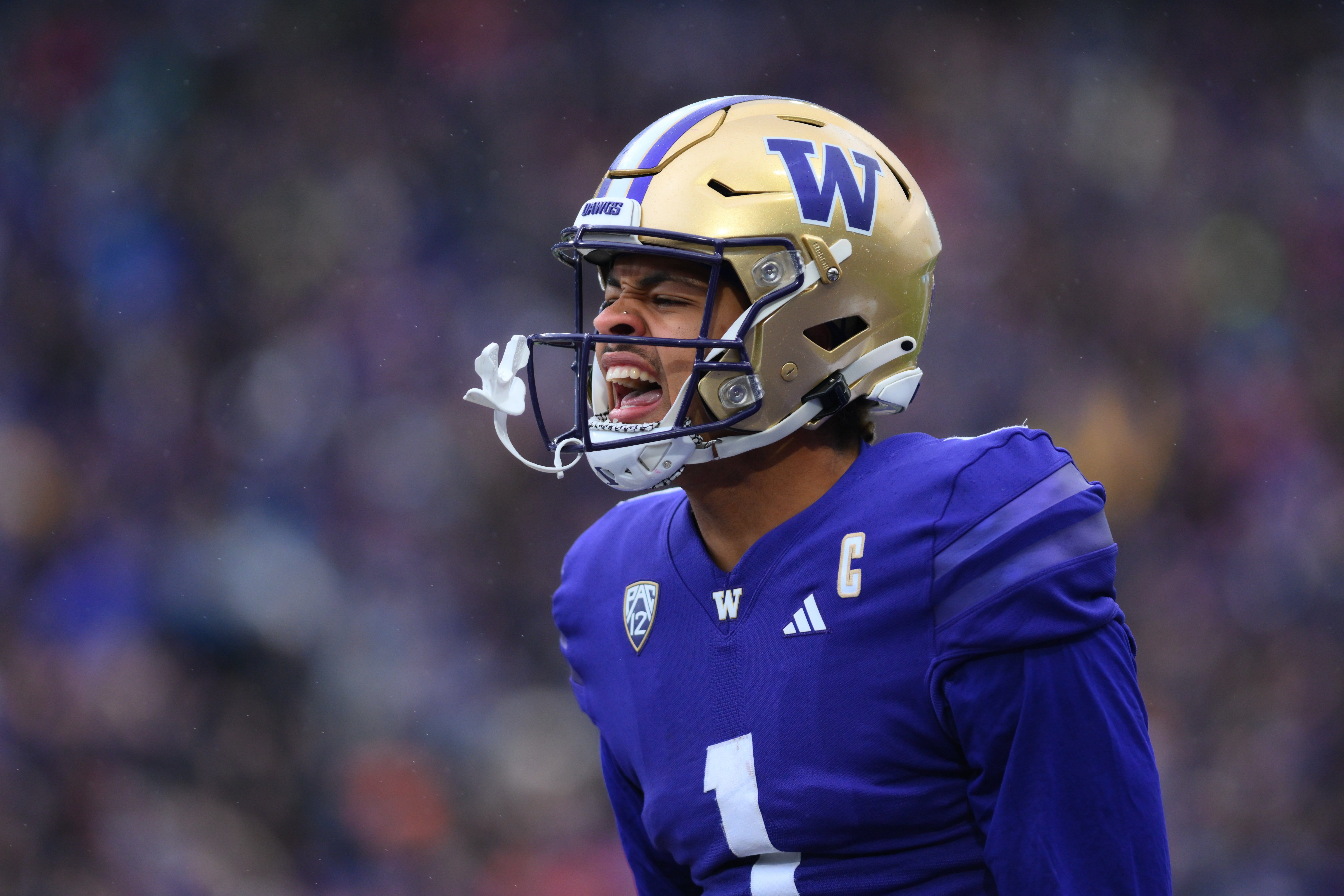 Washington Huskies wide receiver Rome Odunze (1) celebrates scoring a touchdown against the Utah Utes during the second half at Alaska Airlines Field at Husky Stadium. Steven Bisig-USA TODAY Sports