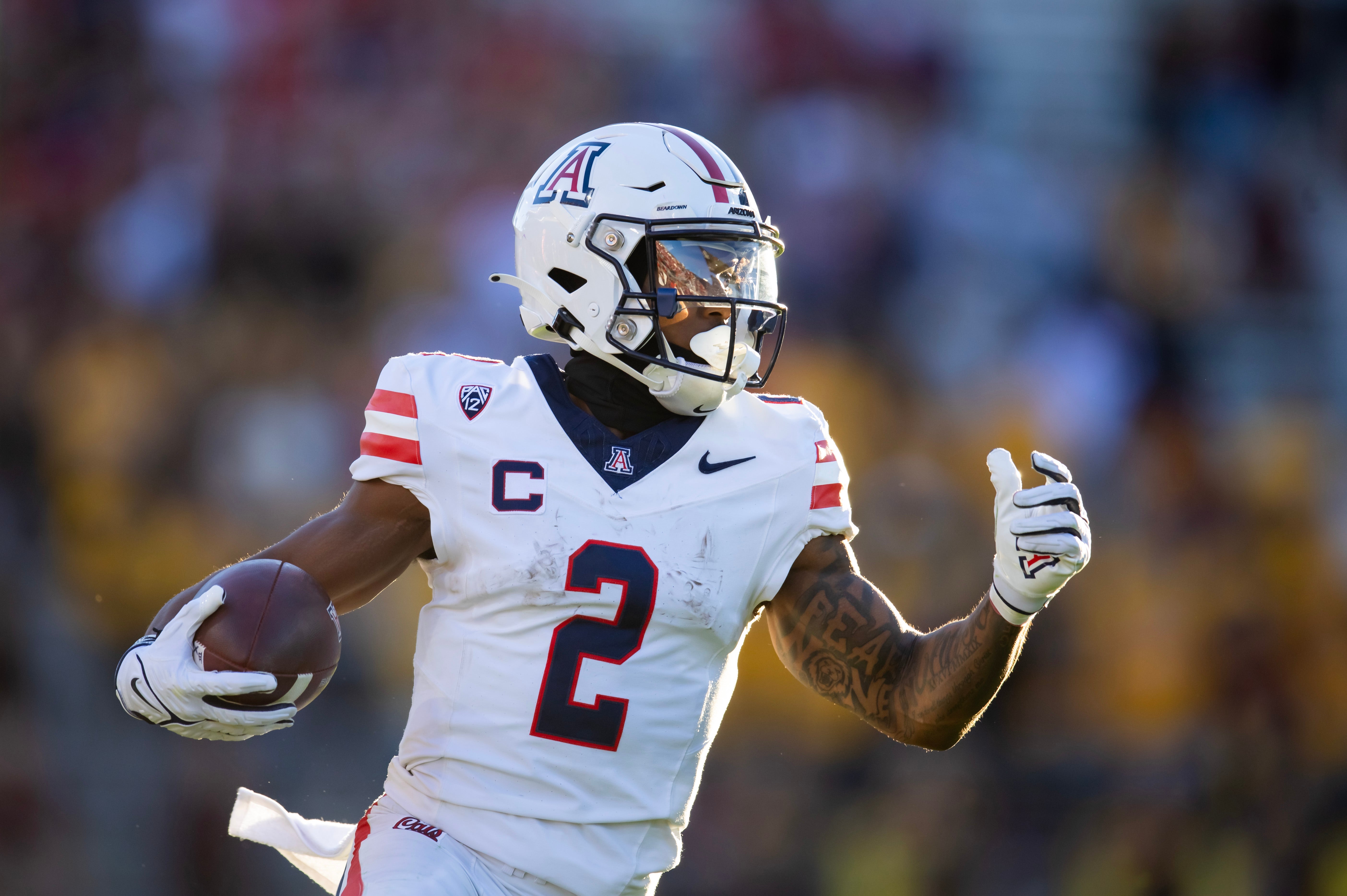 Arizona Wildcats wide receiver Jacob Cowing (2) against the Arizona State Sun Devils in the first half of the Territorial Cup at Mountain America Stadium. Mark J. Rebilas-USA TODAY Sports