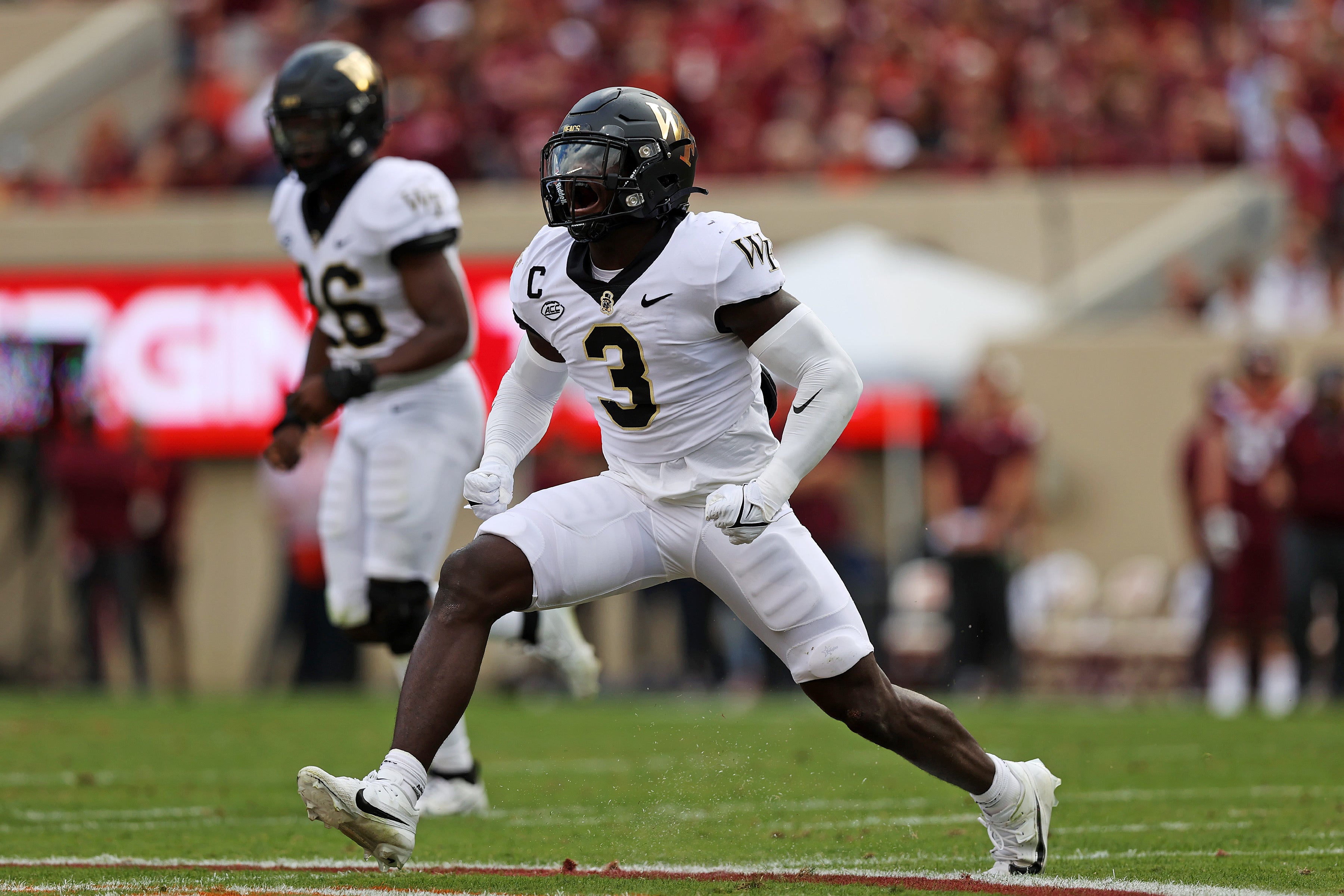 Wake Forest Demon Deacons defensive back Malik Mustapha (3) celebrates after Virginia Tech Hokies missed a field goal during the second quarter at Lane Stadium. Peter Casey-USA TODAY Sports