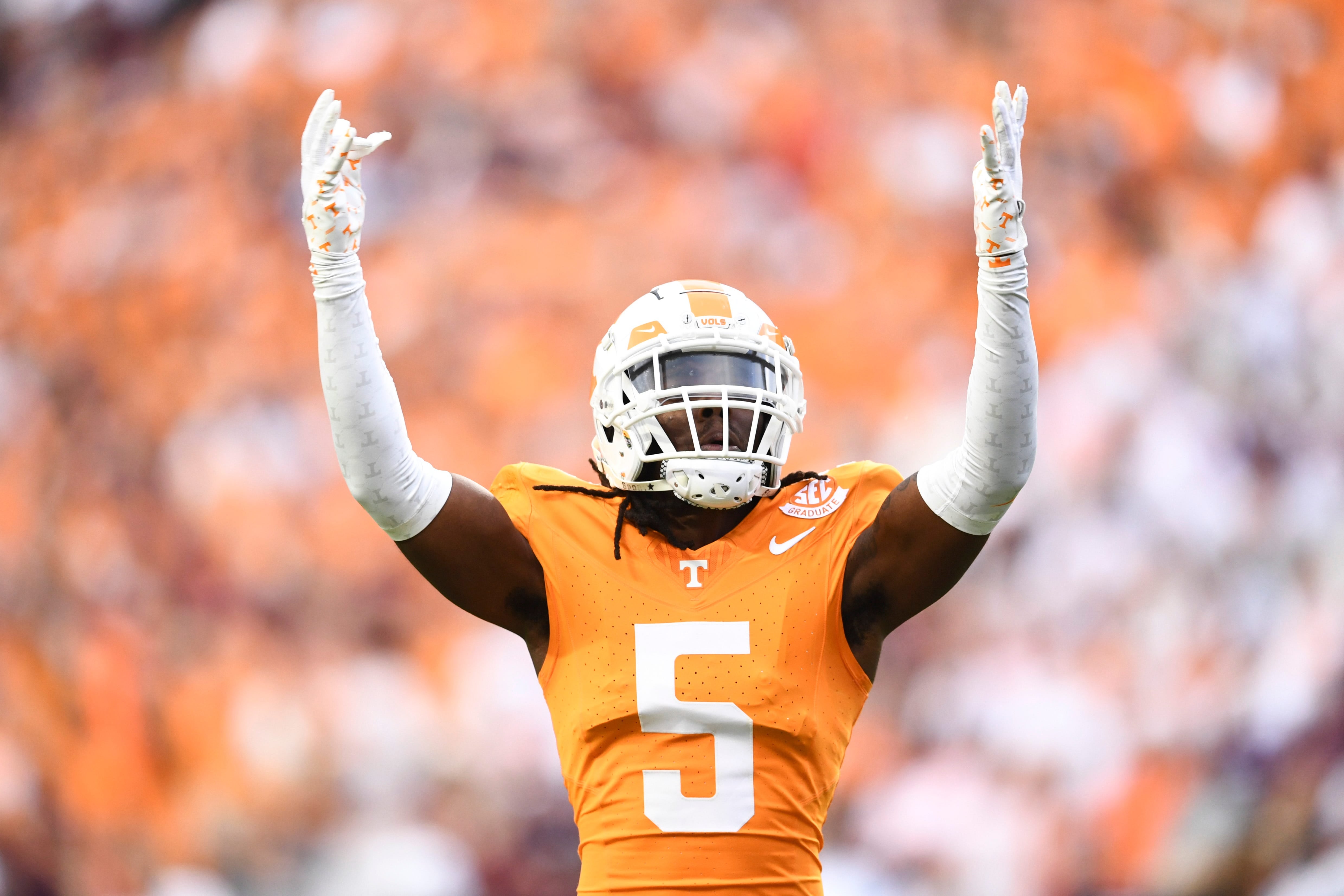 Tennessee defensive back Kamal Hadden (5) raises his hands in the air during a football game between Tennessee and Texas A&M at Neyland Stadium in Knoxville, Tenn., on Saturday, Oct. 14, 2023. Saul Young-USA TODAY NETWORK