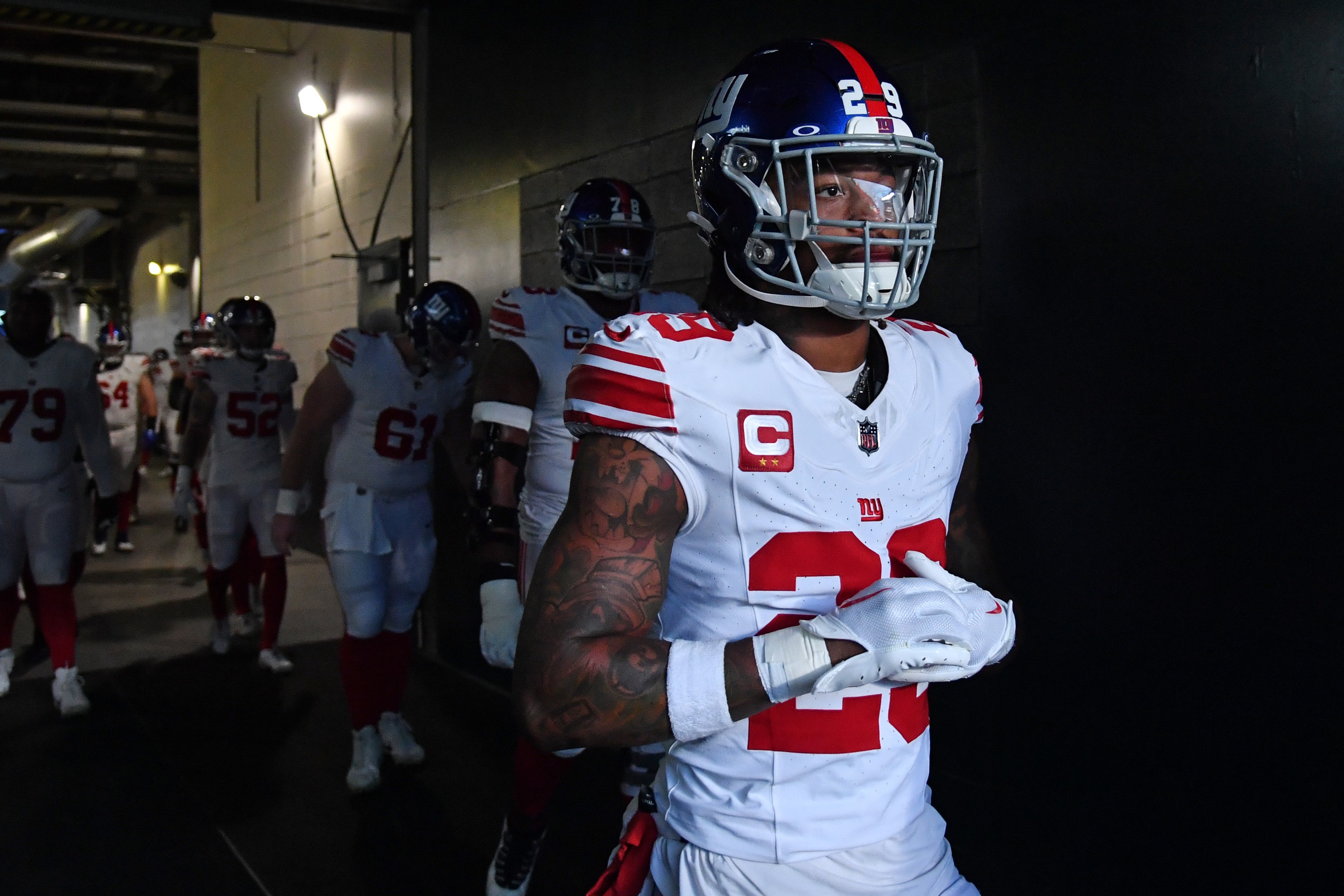 Dec 25, 2023; Philadelphia, Pennsylvania, USA; New York Giants safety Xavier McKinney (29) in the tunnel against the Philadelphia Eagles at Lincoln Financial Field.