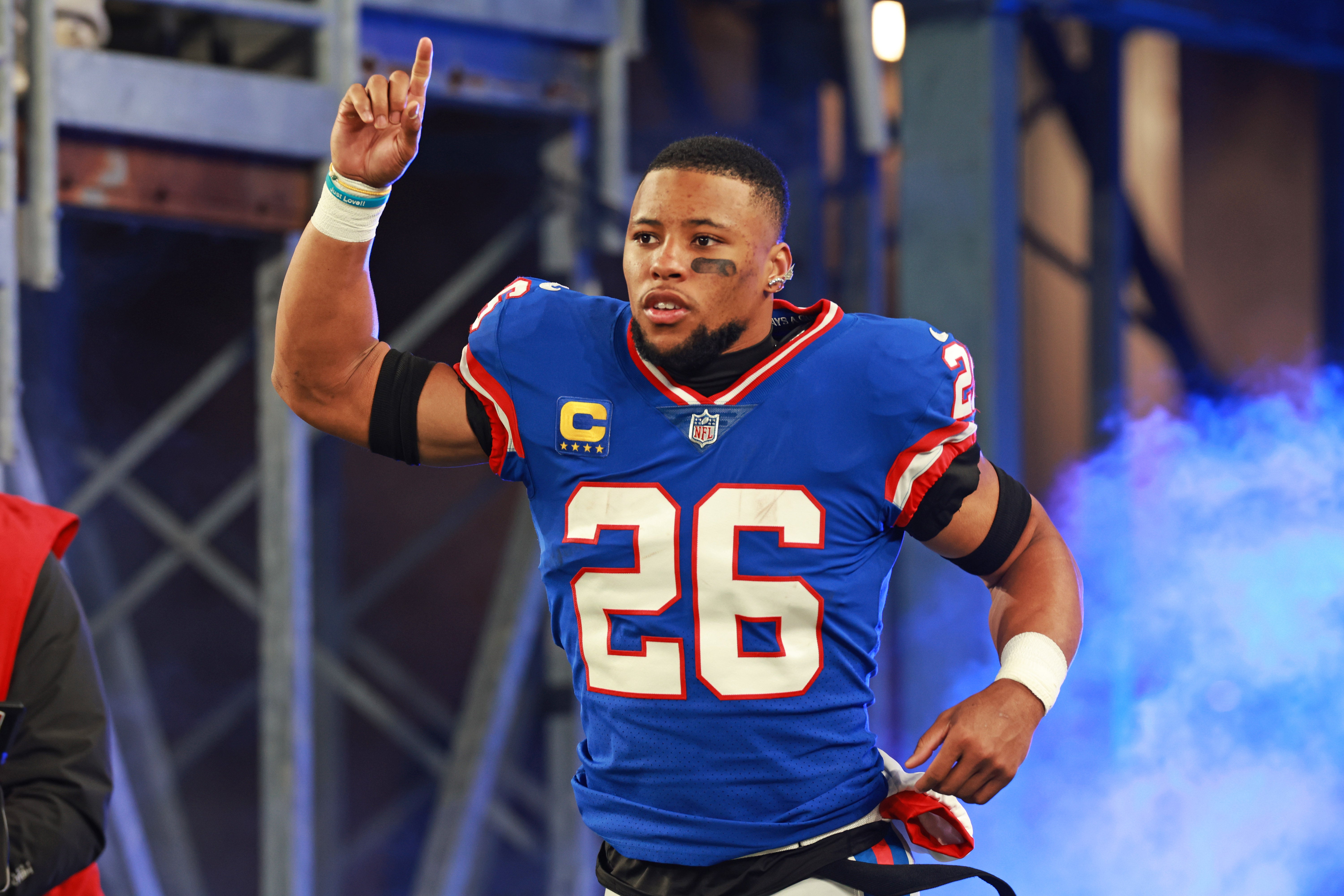 Dec 11, 2023; East Rutherford, New Jersey, USA; New York Giants running back Saquon Barkley (26) looks on before the game against the Green Bay Packers at MetLife Stadium.