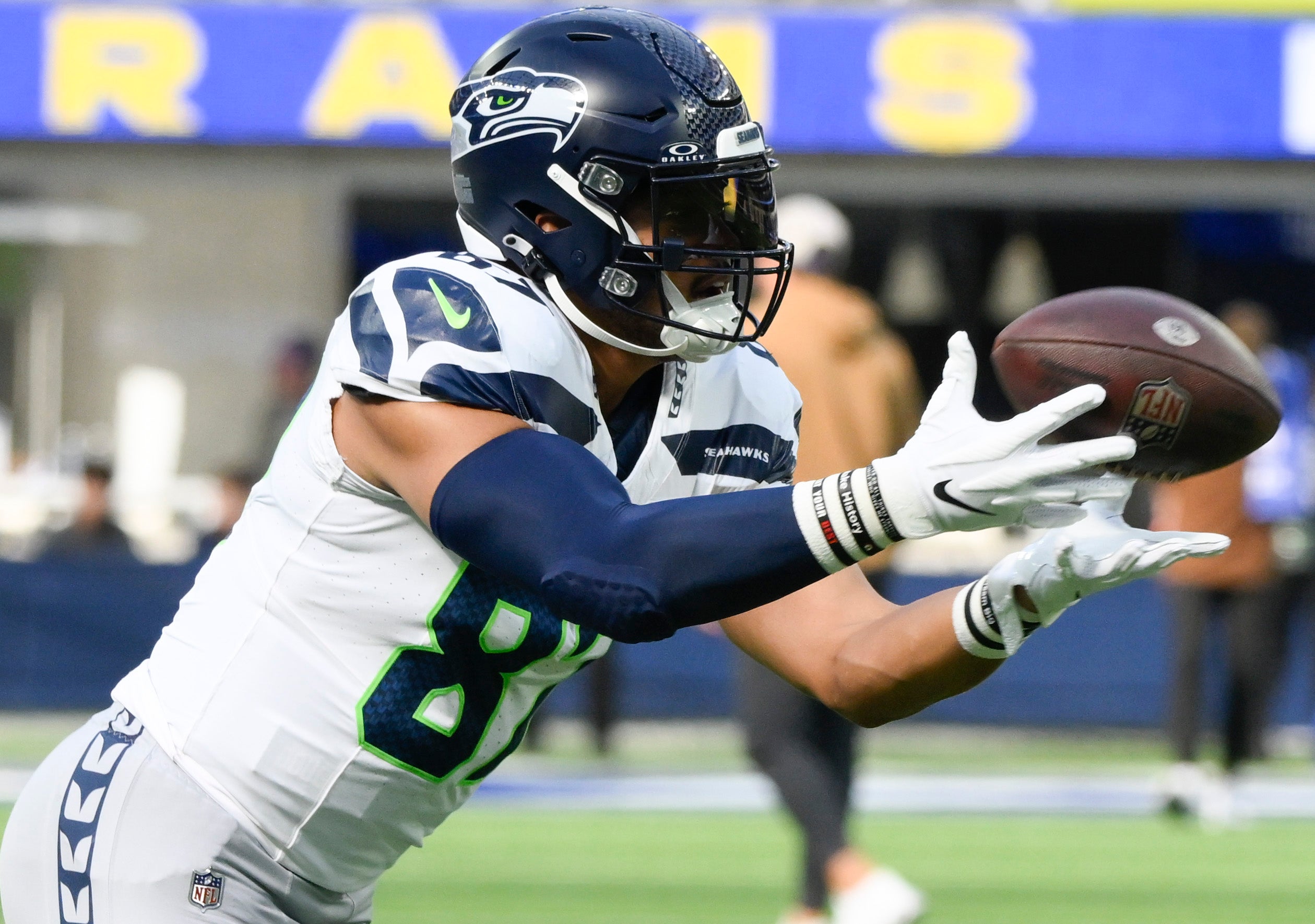 Nov 19, 2023; Inglewood, California, USA; Seattle Seahawks tight end Noah Fant (87) catches a pass during pre-game drills before an NFL game against the Los Angeles Rams at SoFi Stadium.