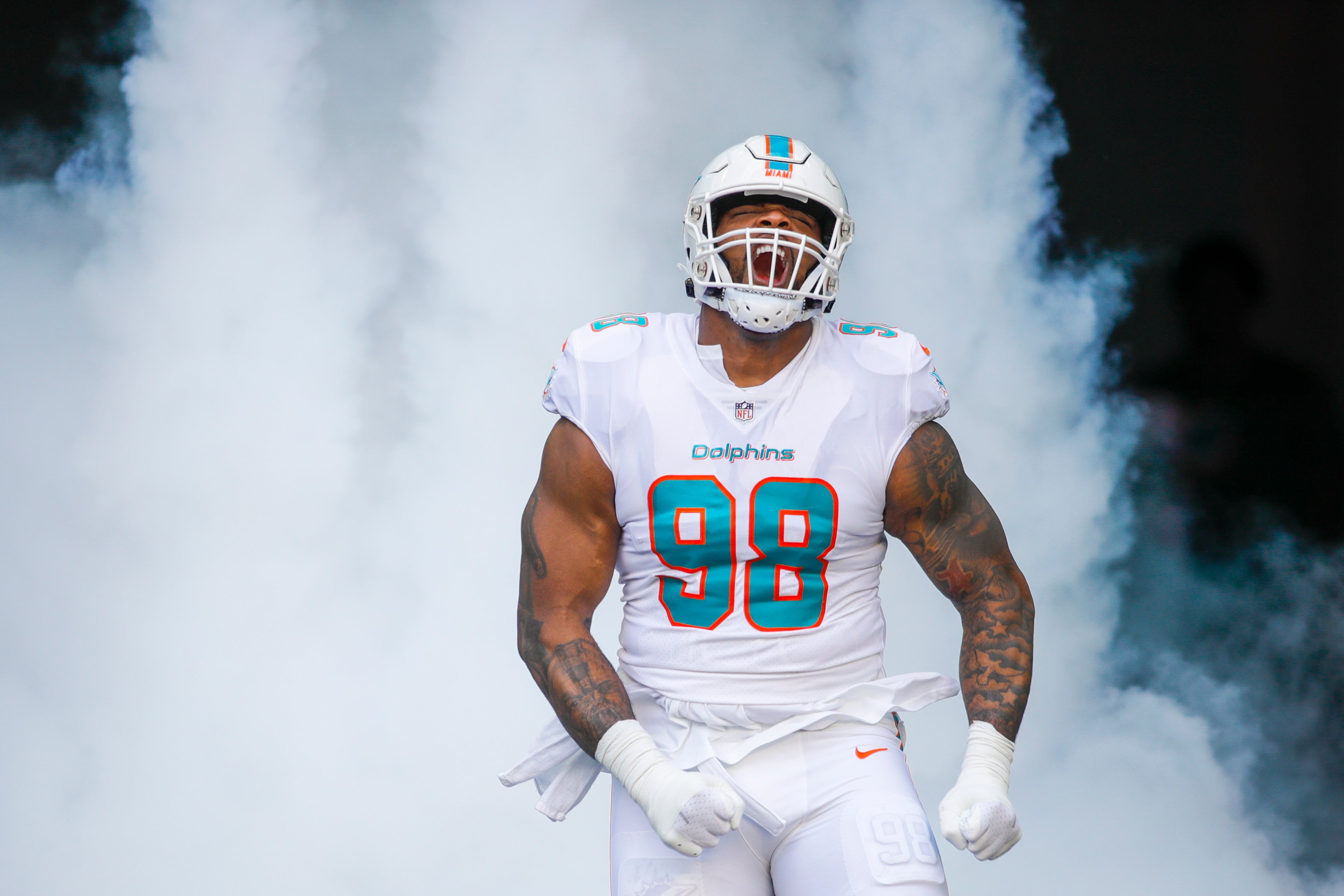 Nov 13, 2022; Miami Gardens, Florida, USA; Miami Dolphins defensive tackle Raekwon Davis (98) takes the field prior to the game against the Cleveland Browns at Hard Rock Stadium.