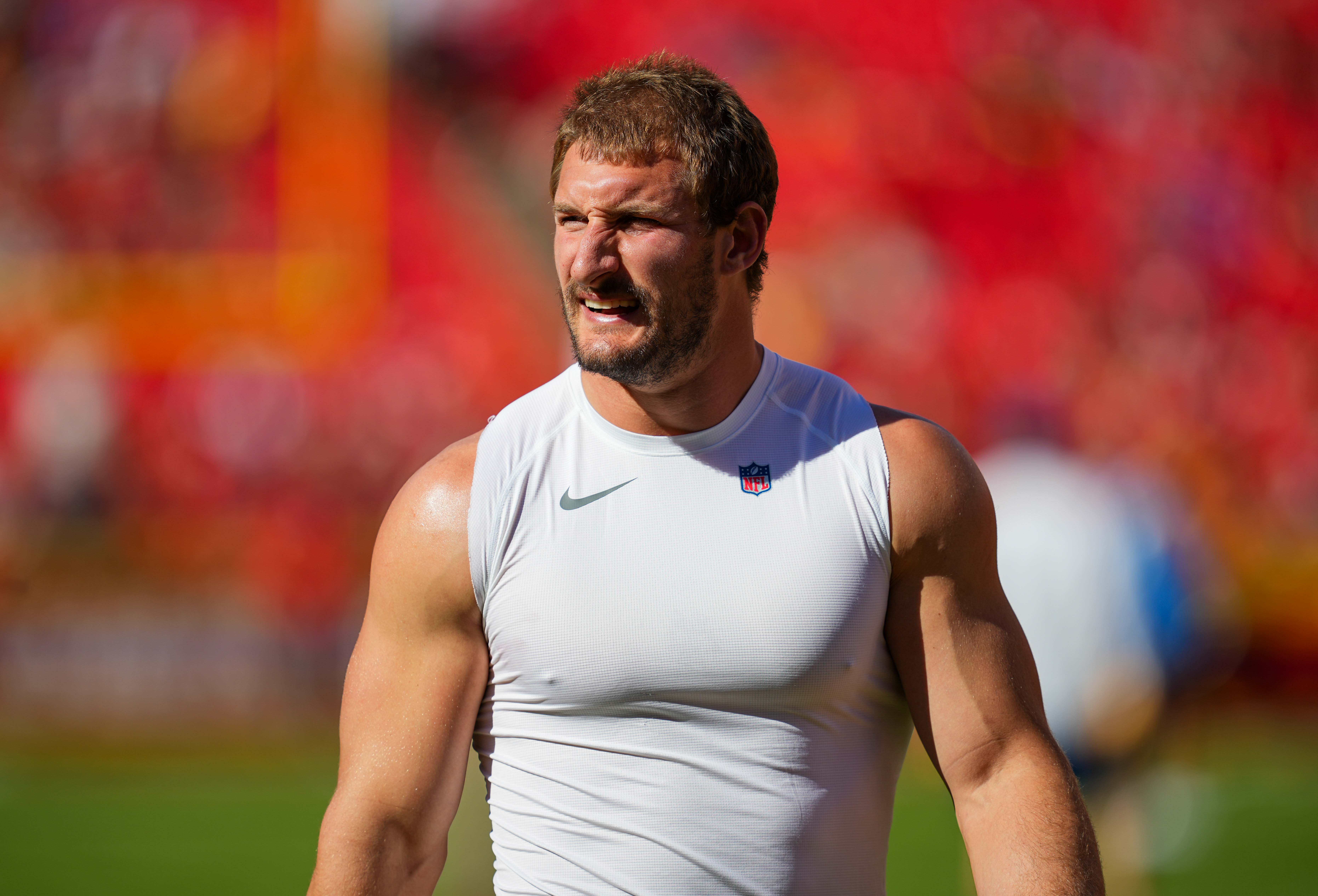 Oct 22, 2023; Kansas City, Missouri, USA; Los Angeles Chargers linebacker Joey Bosa (97) warms up prior to a game against the Kansas City Chiefs at GEHA Field at Arrowhead Stadium.