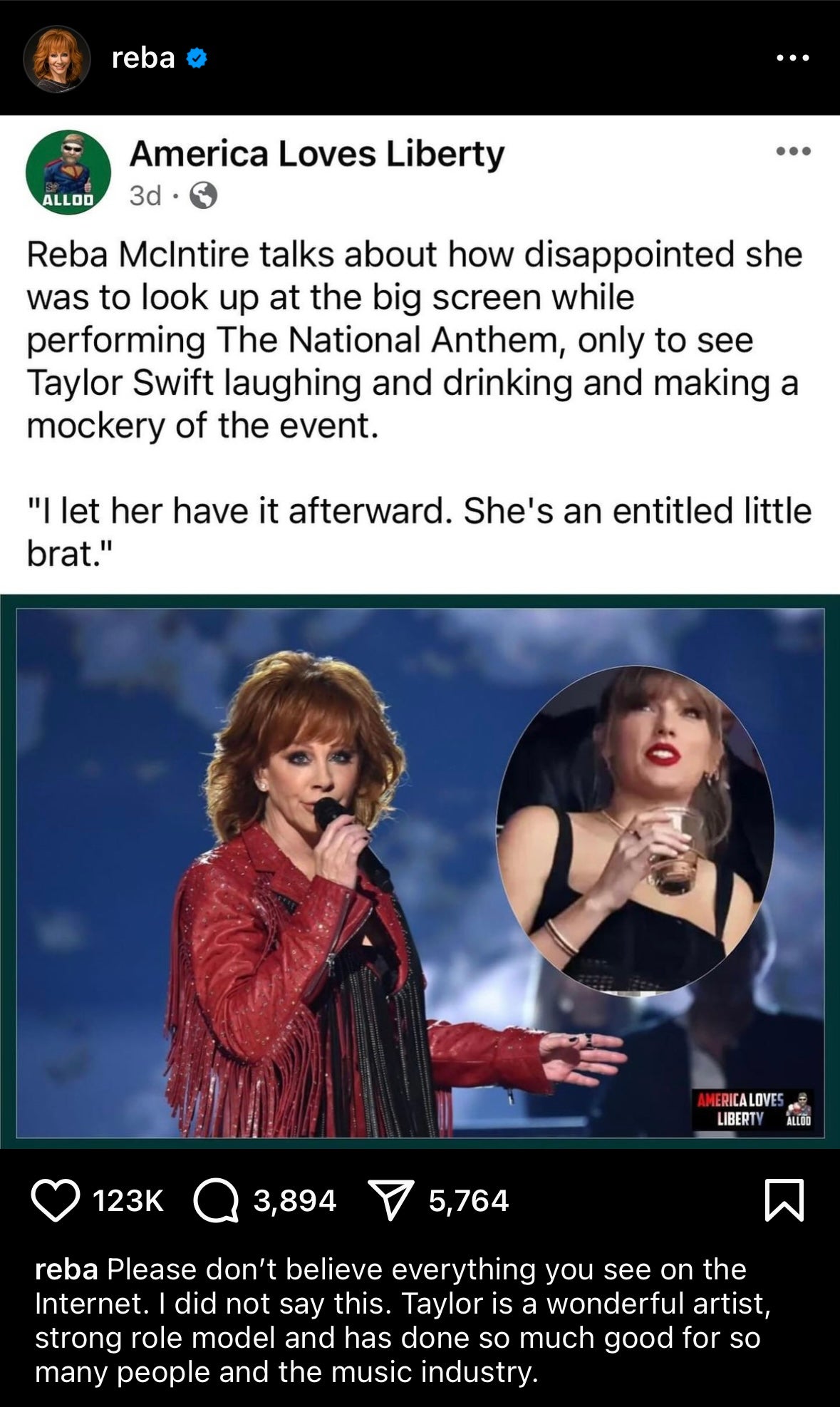 Reba McEntire responds to false claim about her dissing Taylor Swift.